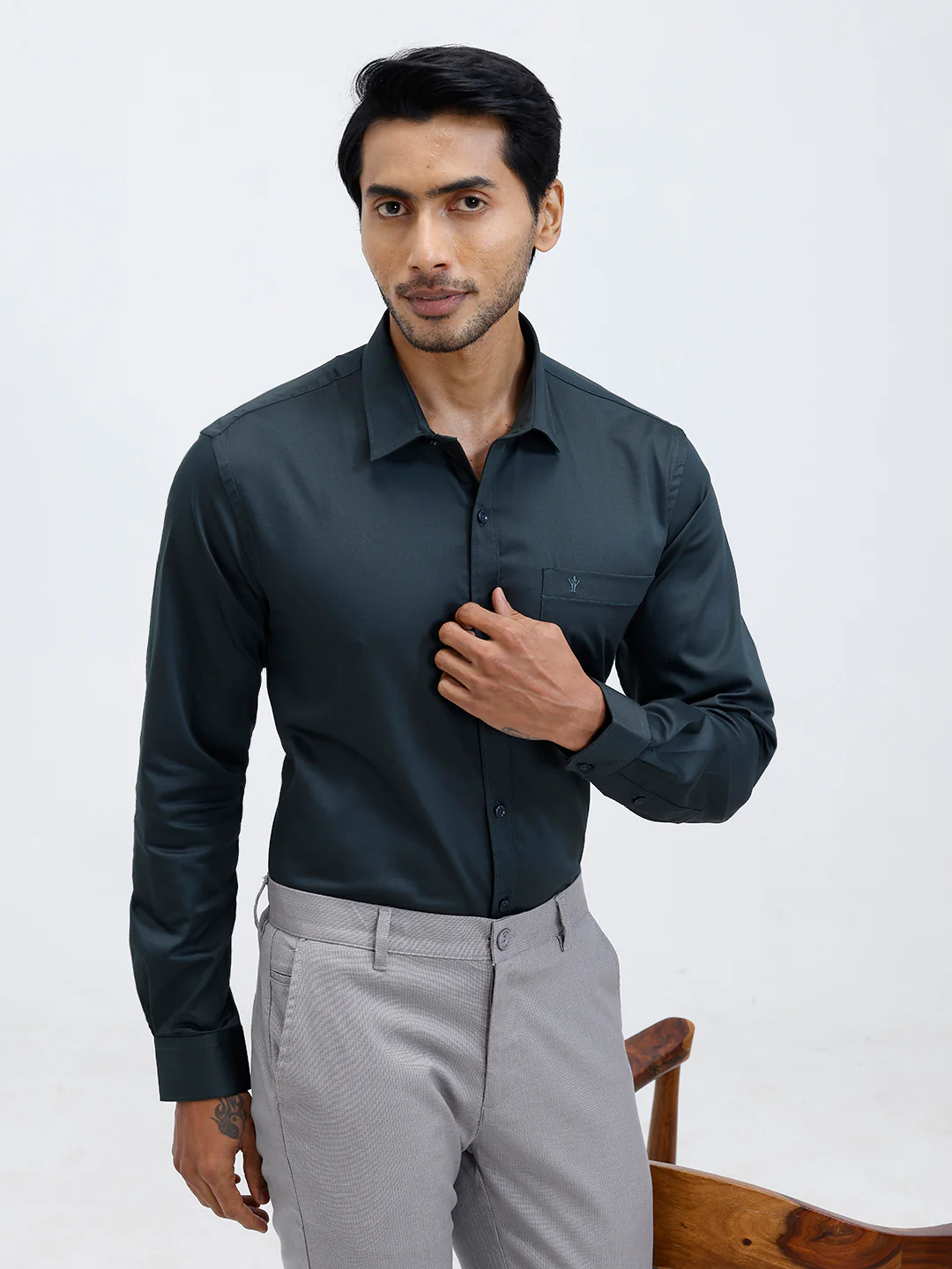 Men Cotton Blend Shirt Dark Green T53 ACT2 - Image 6