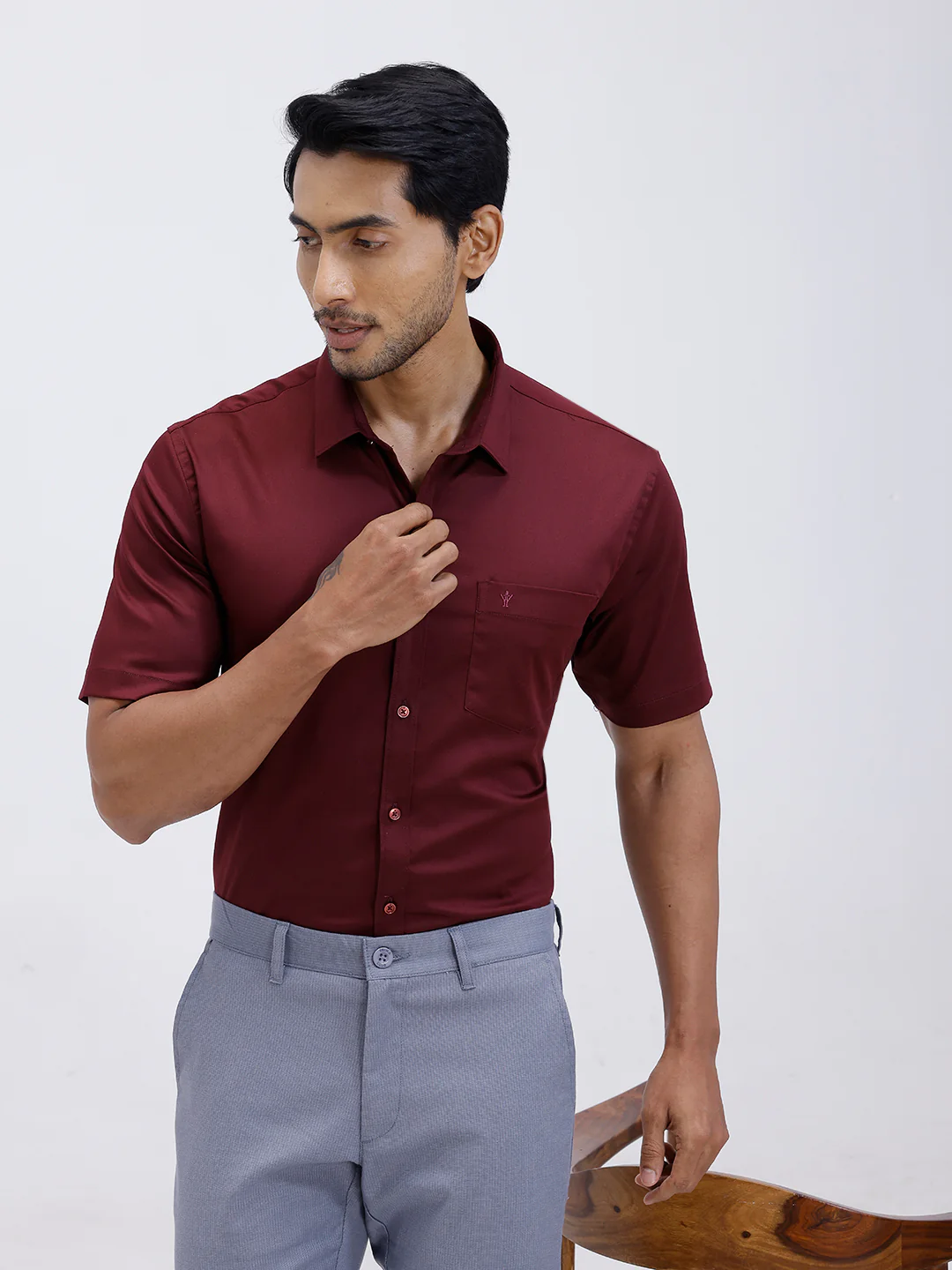 Men Cotton Blend Shirt Dark Maroon T53 ACT9 - Image 6