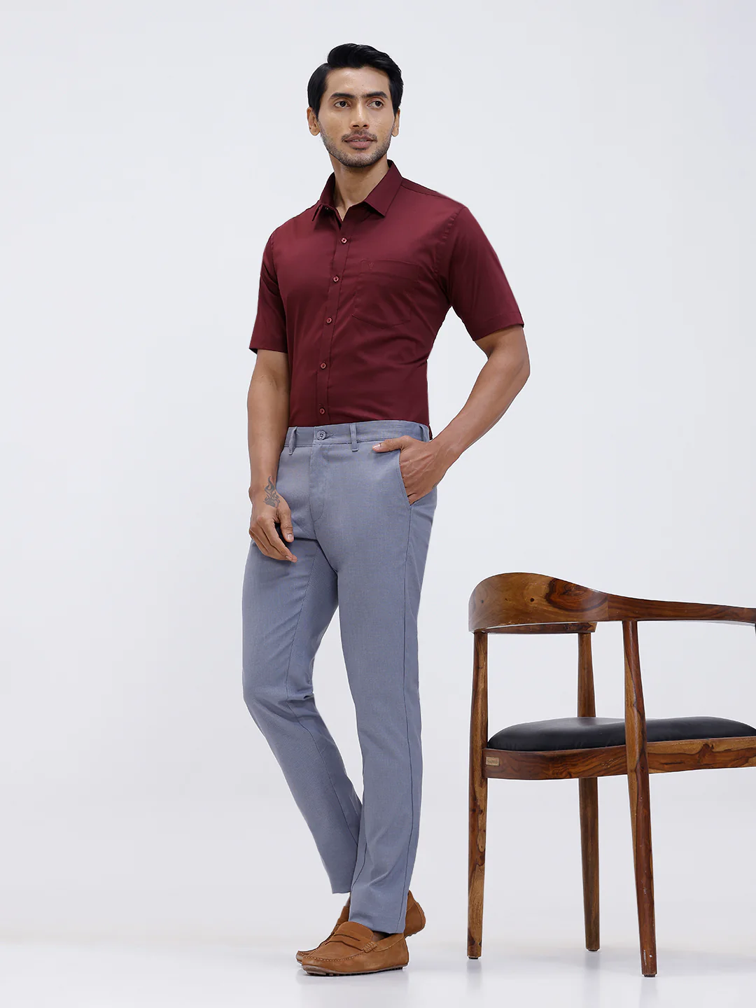 Men Cotton Blend Shirt Dark Maroon T53 ACT9 - Image 8
