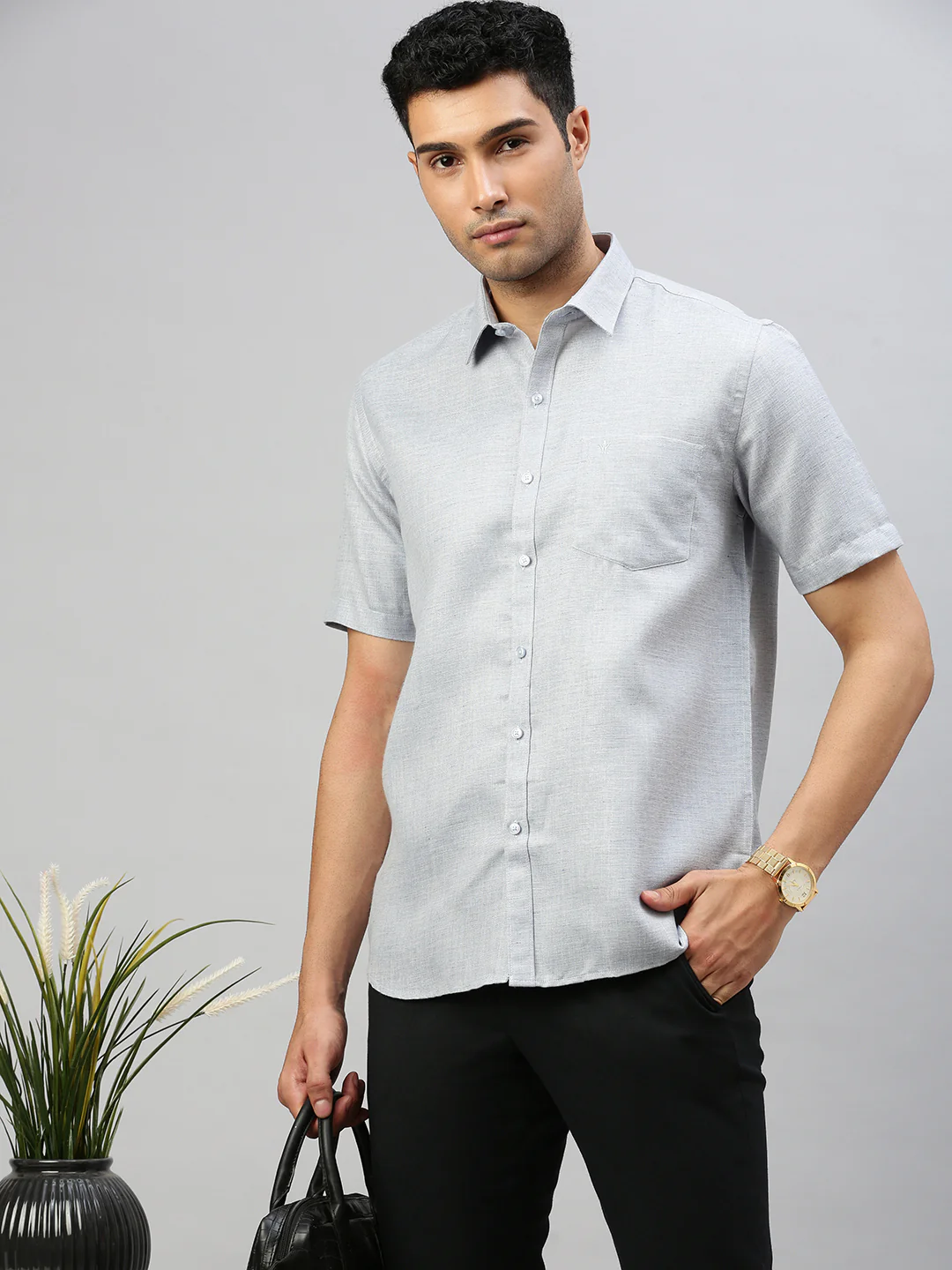 Men Cotton Blend Shirt Grey T7 CG12 - Image 2