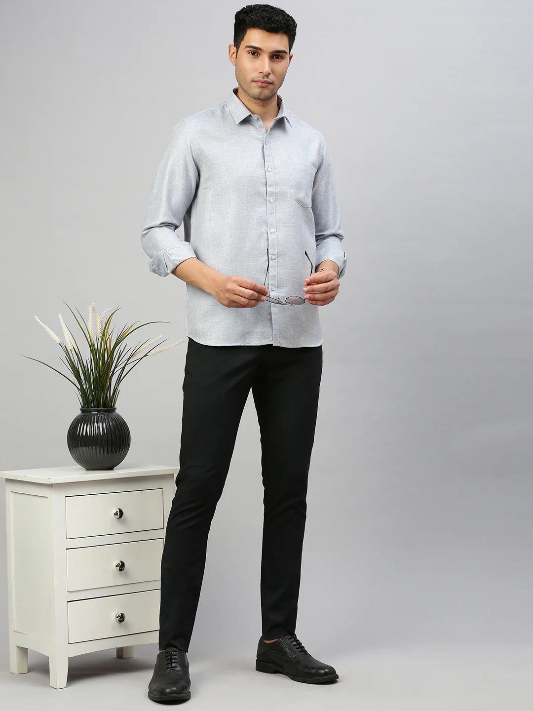 Men Cotton Blend Shirt Grey T7 CG12 - Image 3