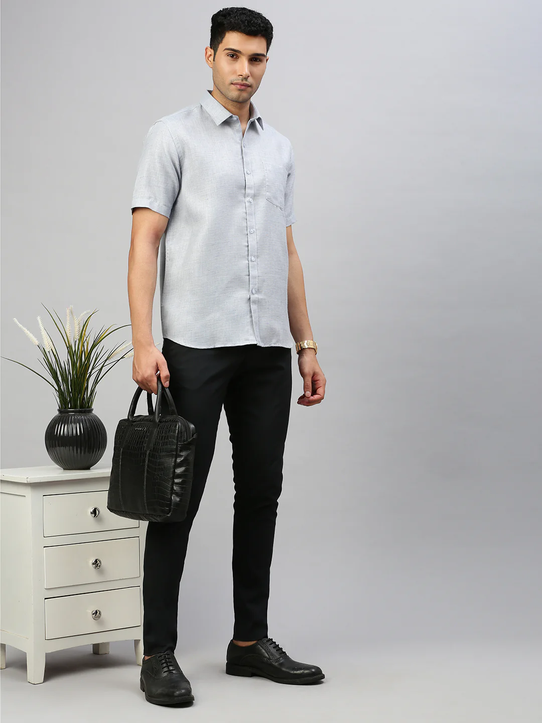 Men Cotton Blend Shirt Grey T7 CG12 - Image 5