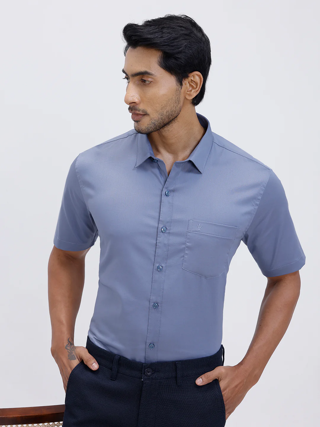 Men Cotton Blend Shirt Greyish Blue T53 ACT7 - Image 6