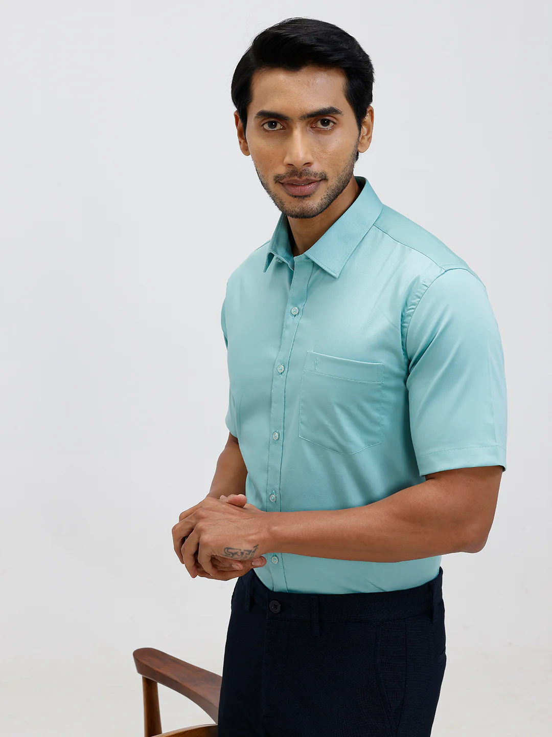 Men Cotton Blend Shirt Shadow Green T53 ACT4 - Image 4
