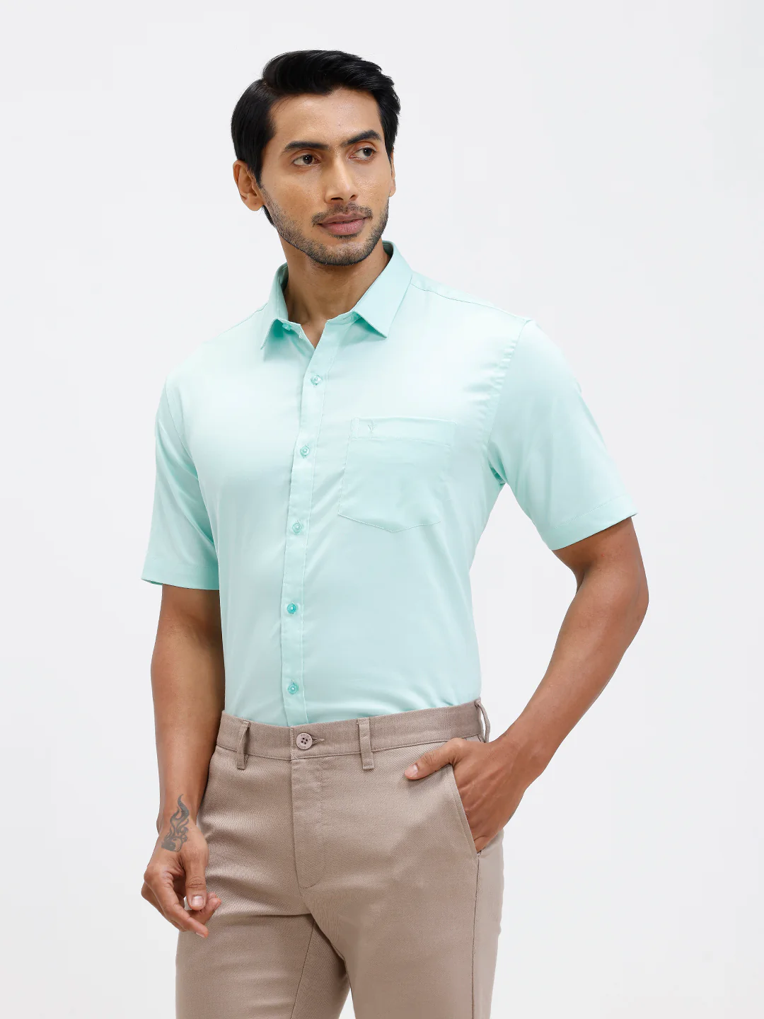 Men Cotton Blend Shirt Snowmint Green T53 ACT10 - Image 2