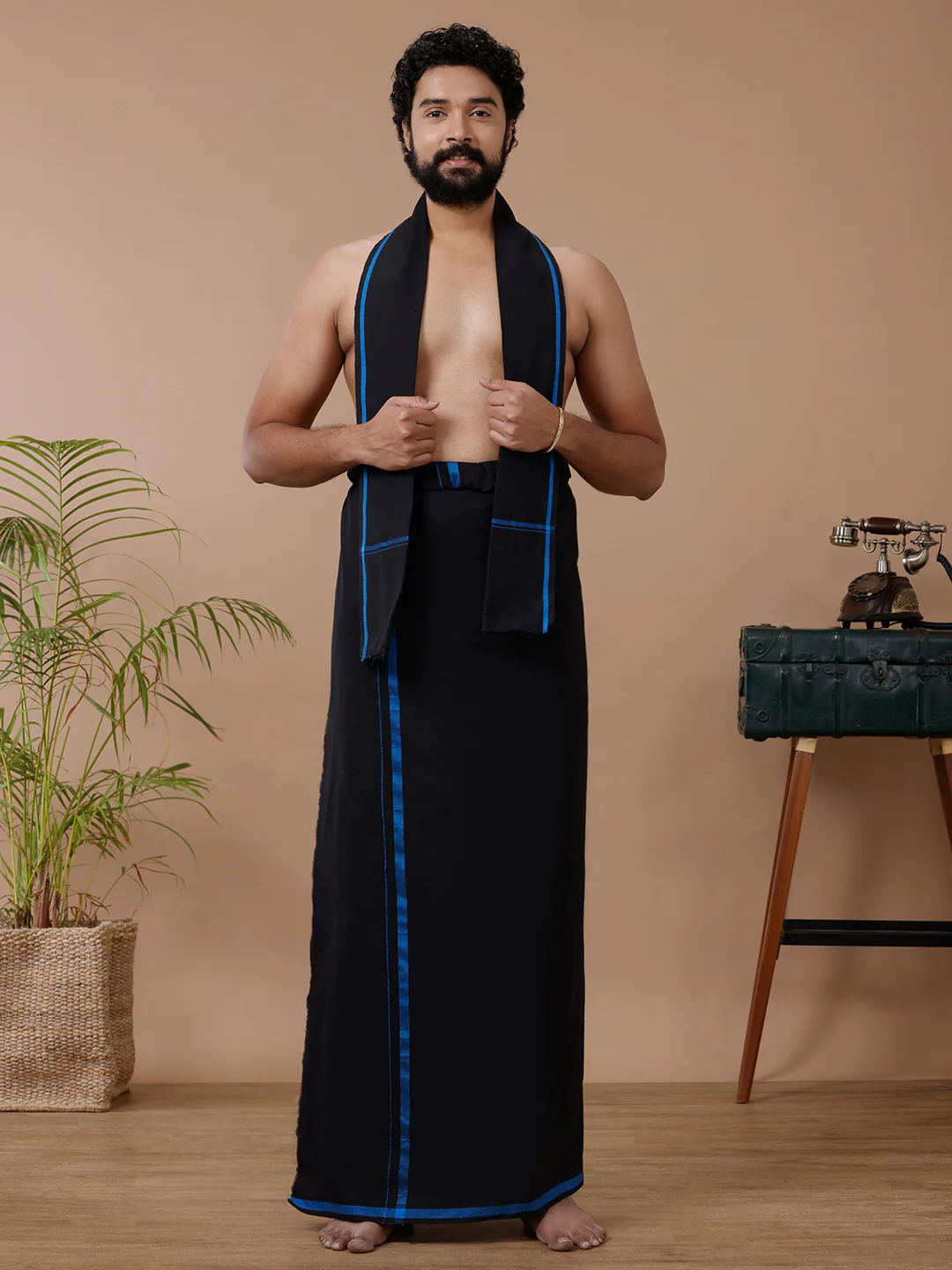 Men Cotton Blend Single Layer Black Dhoti & Towel Set with Assorted Border