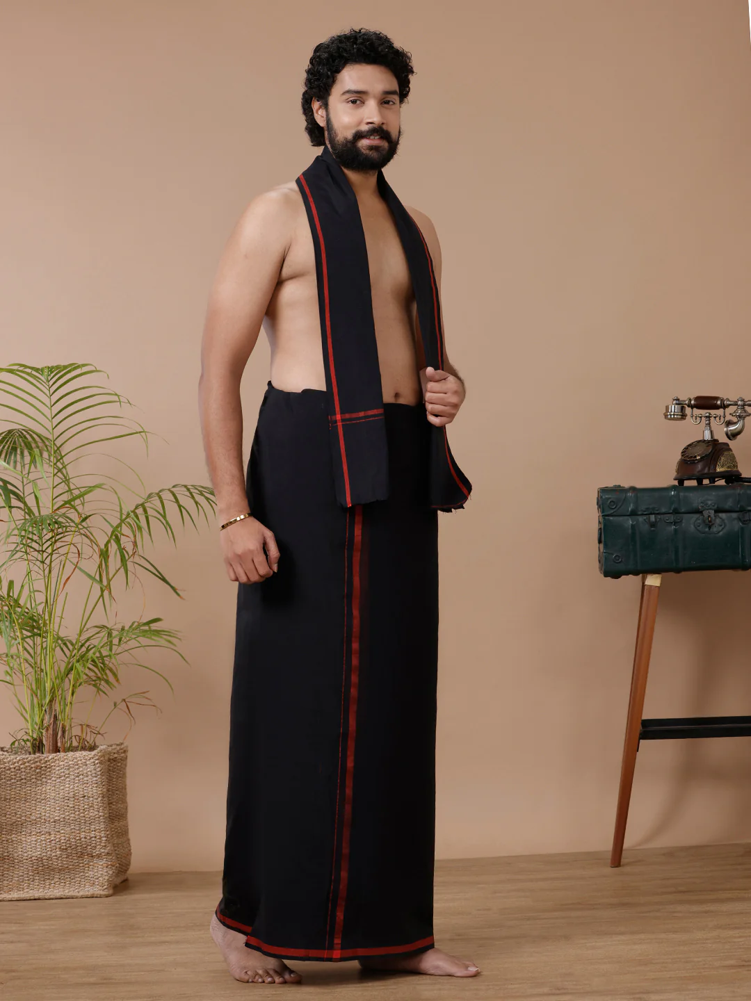Men Cotton Blend Single Layer Black Dhoti & Towel Set with Assorted Border - Image 3