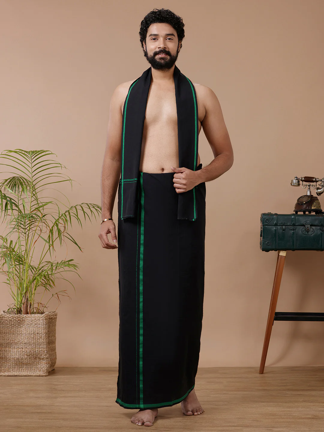 Men Cotton Blend Single Layer Black Dhoti & Towel Set with Assorted Border Makara Jyoti