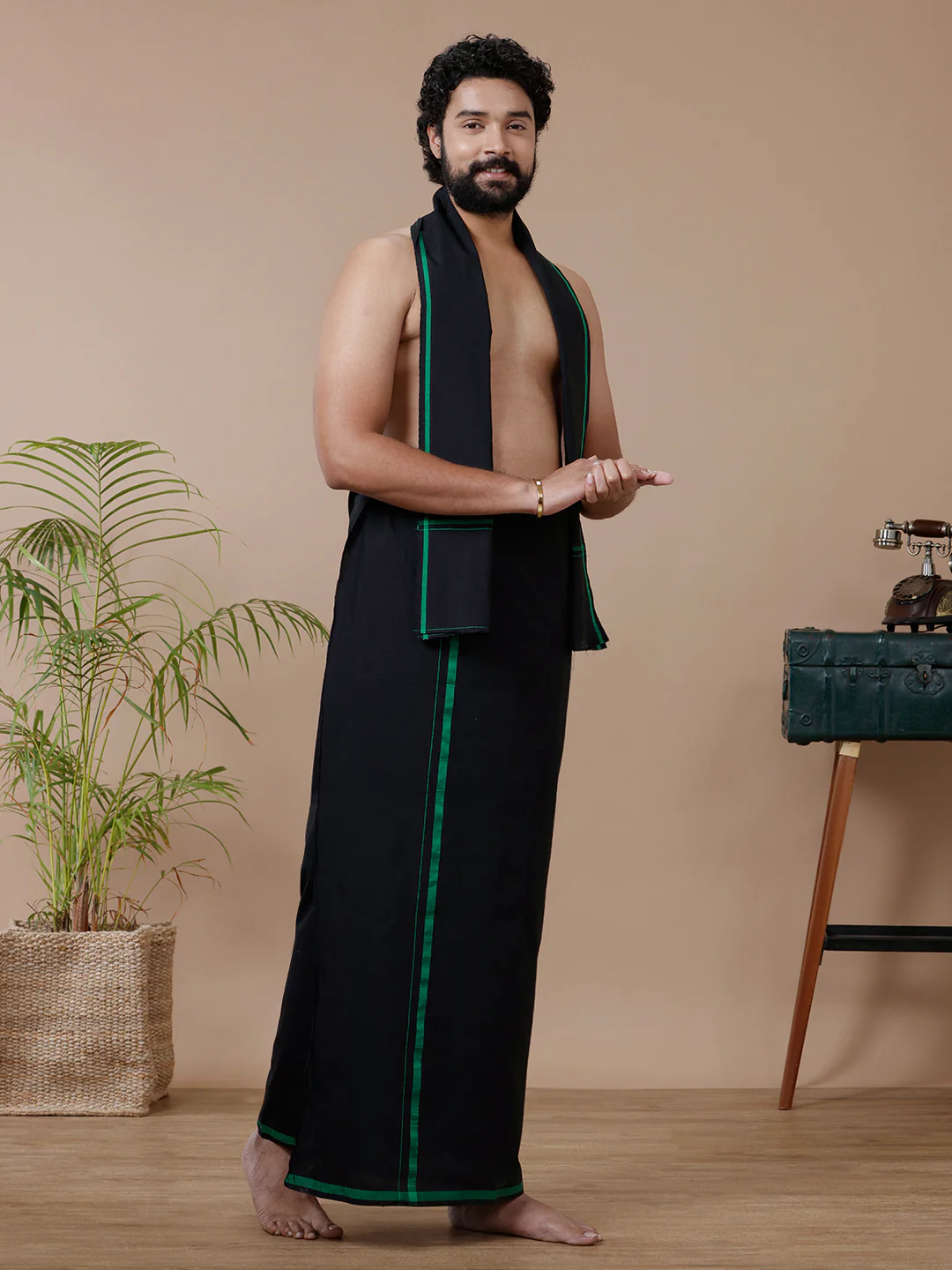 Men Cotton Blend Single Layer Black Dhoti & Towel Set with Assorted Border Makara Jyoti - Image 2