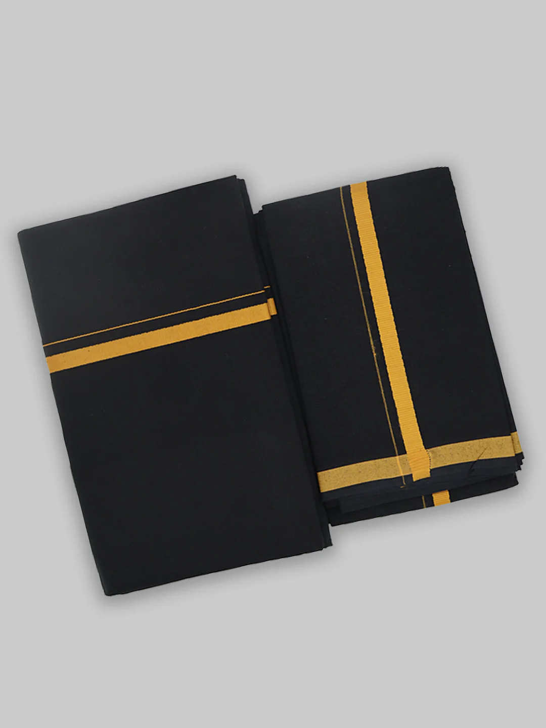Men Cotton Blend Single Layer Black Dhoti & Towel Set with Assorted Border Poojan