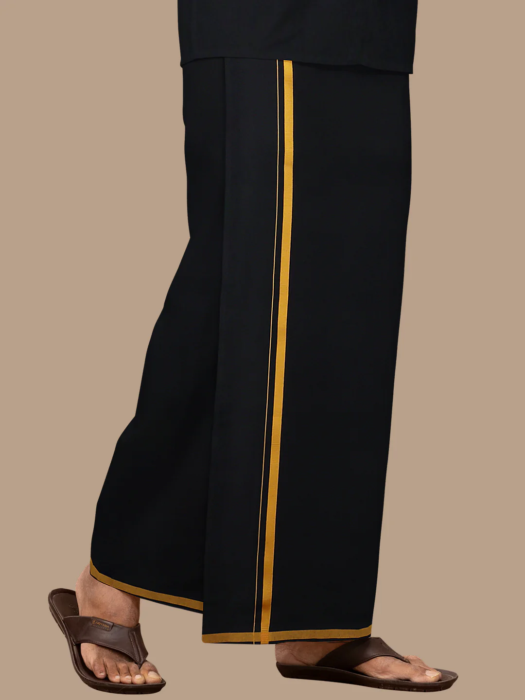 Men Cotton Blend Single Layer Black Dhoti & Towel Set with Assorted Border Poojan - Image 2