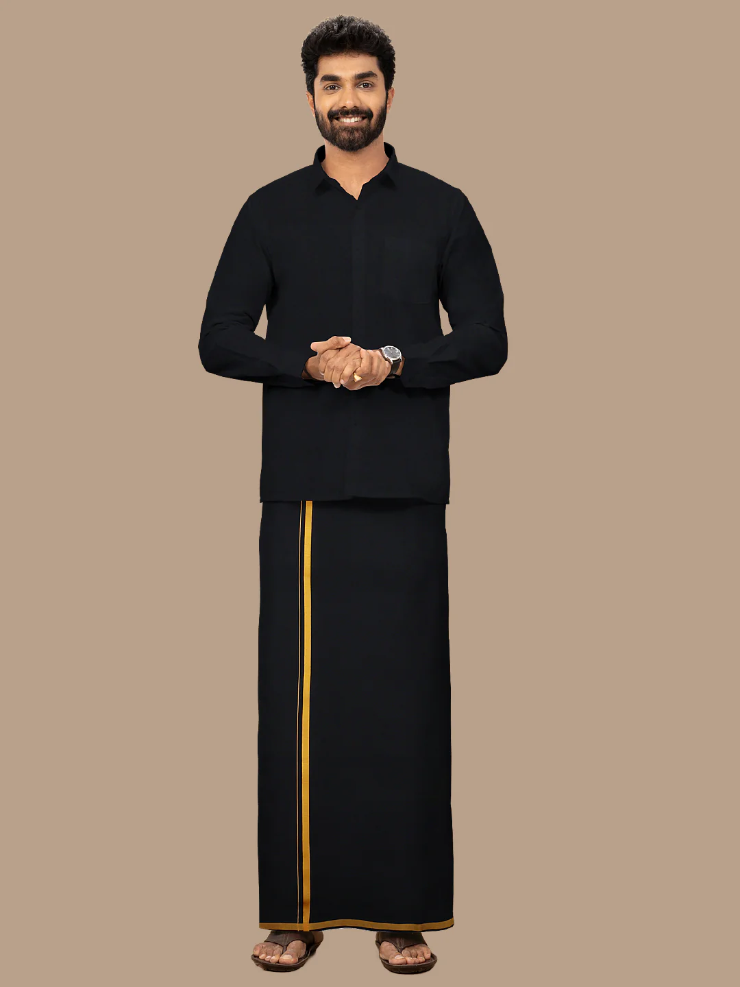 Men Cotton Blend Single Layer Black Dhoti & Towel Set with Assorted Border Poojan - Image 3