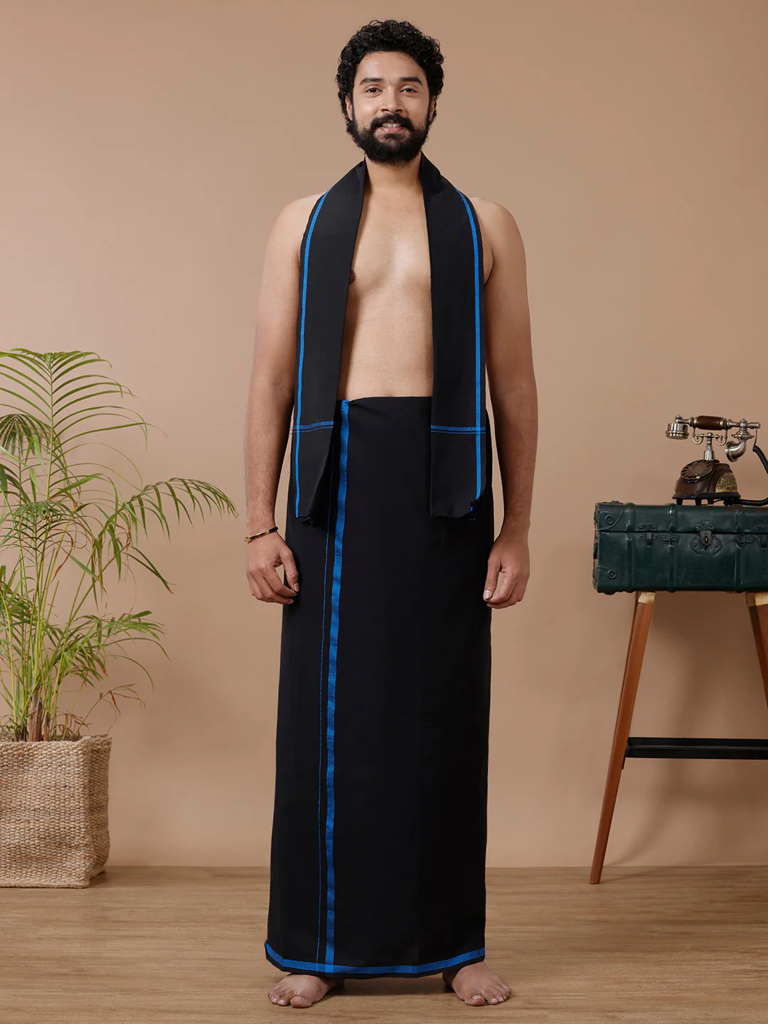 Men Cotton Blend Single Layer Black Dhoti & Towel Set with Blue Big Border Makara Jyoti
