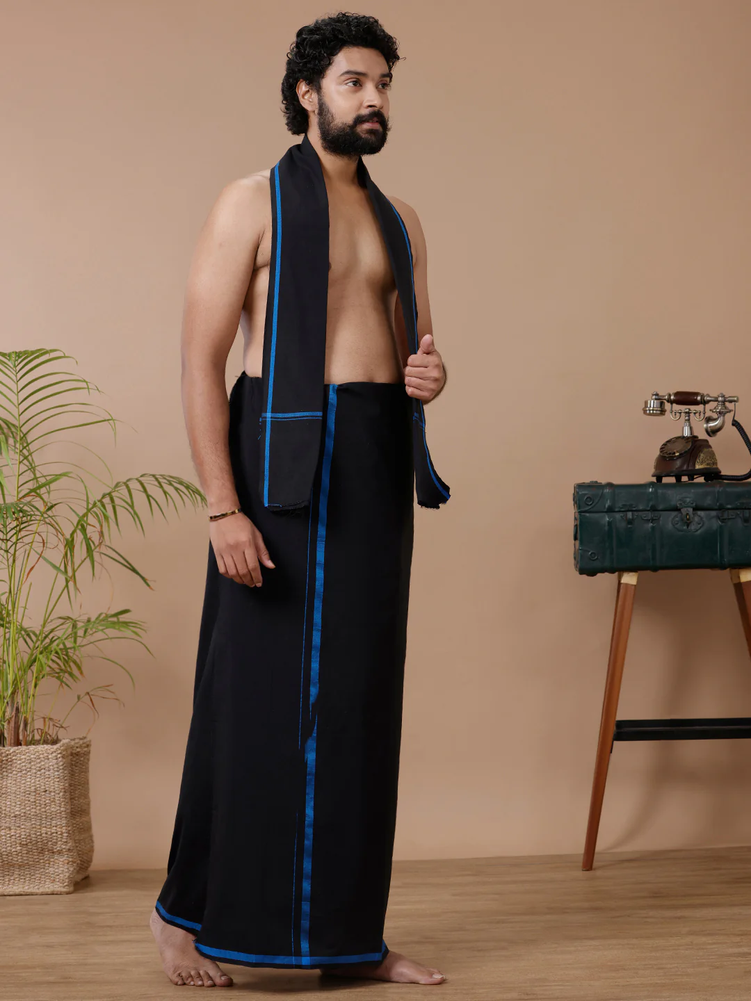 Men Cotton Blend Single Layer Black Dhoti & Towel Set with Blue Big Border Makara Jyoti - Image 2