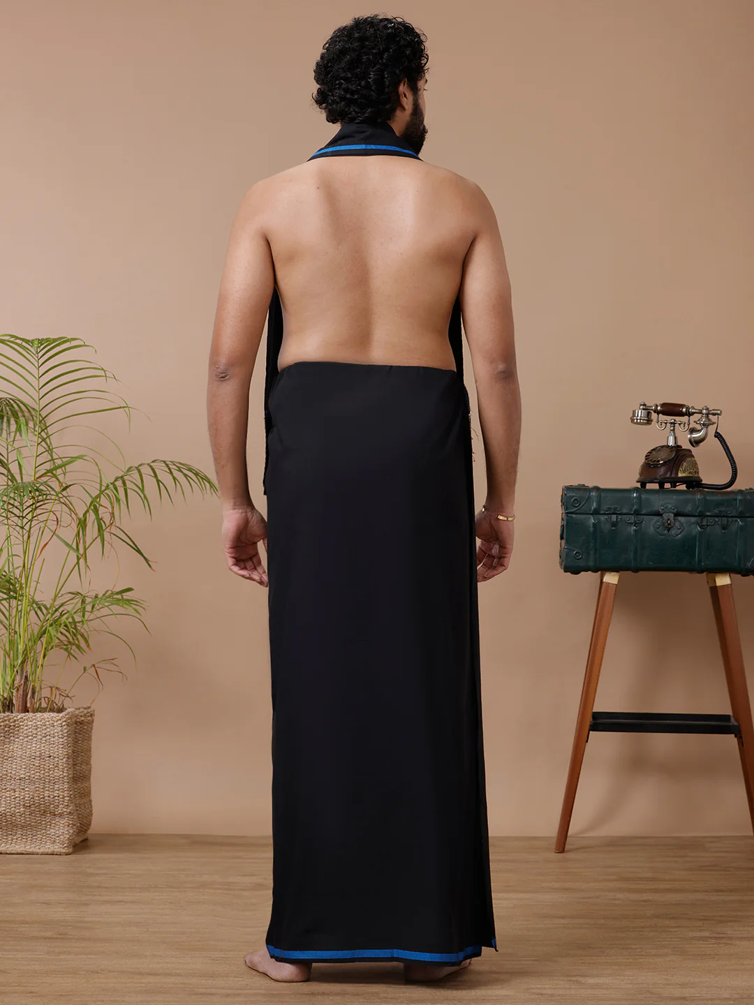 Men Cotton Blend Single Layer Black Dhoti & Towel Set with Blue Big Border Makara Jyoti - Image 4