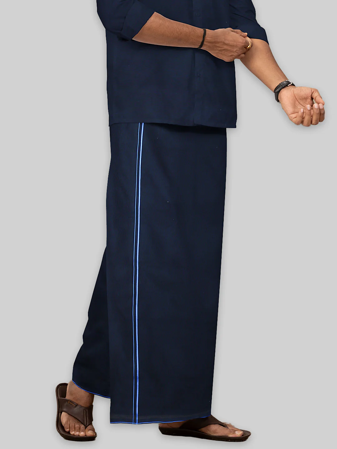 Men Cotton Blend Single Layer Black Dhoti & Towel Set with Blue Small Border Sudhan - Image 2