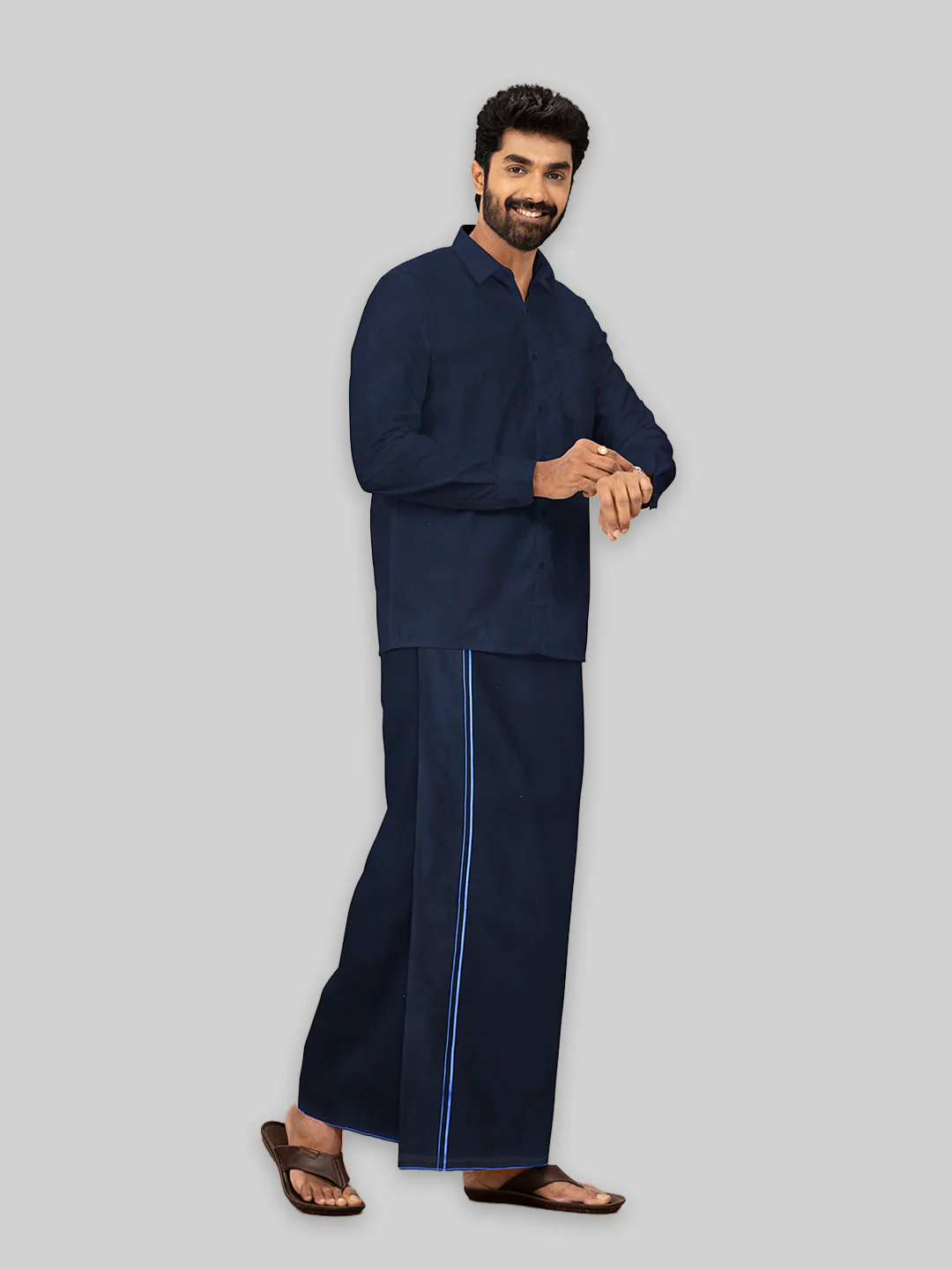 Men Cotton Blend Single Layer Black Dhoti & Towel Set with Blue Small Border Sudhan - Image 4
