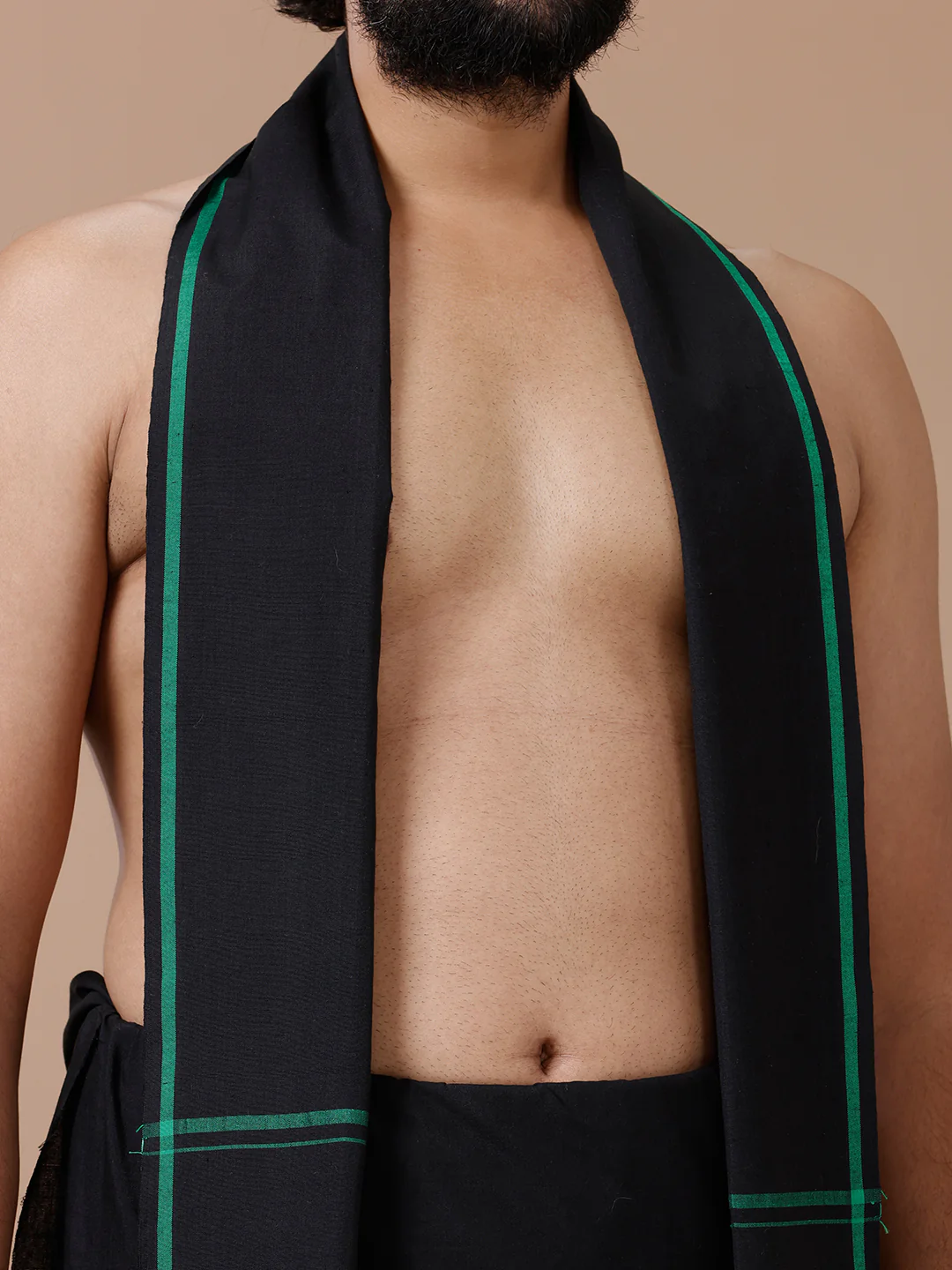 Men Cotton Blend Single Layer Black Dhoti & Towel Set with Green Big Border Makara Jyoti - Image 2