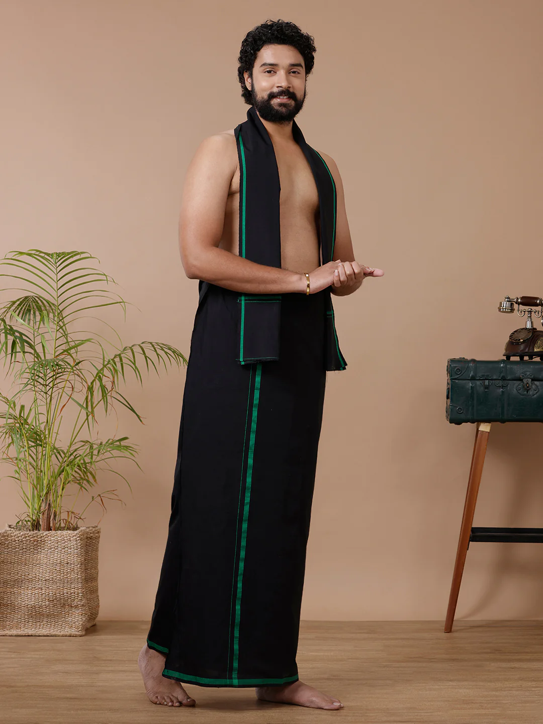 Men Cotton Blend Single Layer Black Dhoti & Towel Set with Green Big Border Makara Jyoti - Image 3