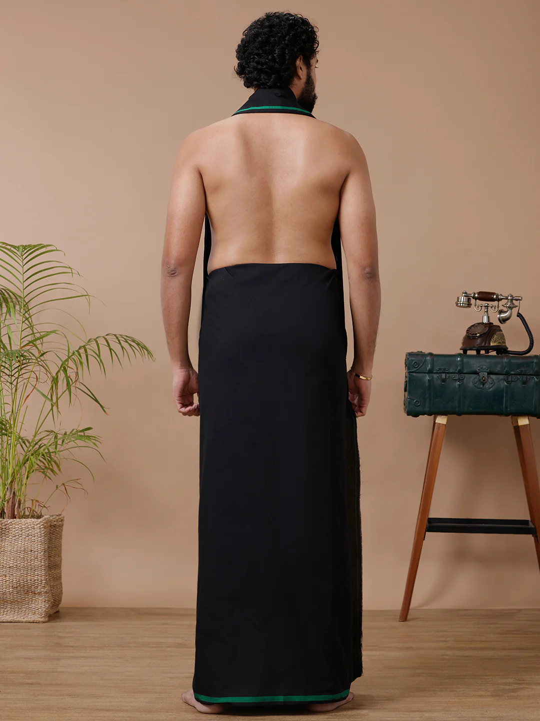 Men Cotton Blend Single Layer Black Dhoti & Towel Set with Green Big Border Makara Jyoti - Image 5