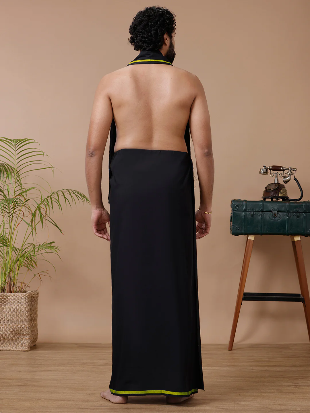Men Cotton Blend Single Layer Black Dhoti & Towel Set with Green Big Border Makara Jyoti - Image 5
