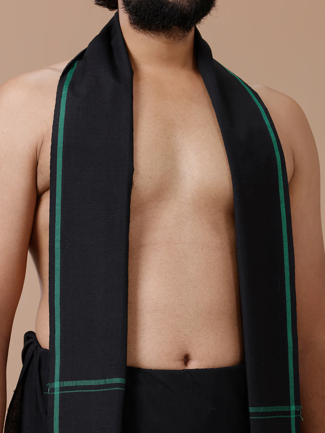 Men Cotton Blend Single Layer Black Dhoti & Towel Set with Green Big Border Sukran - Image 4