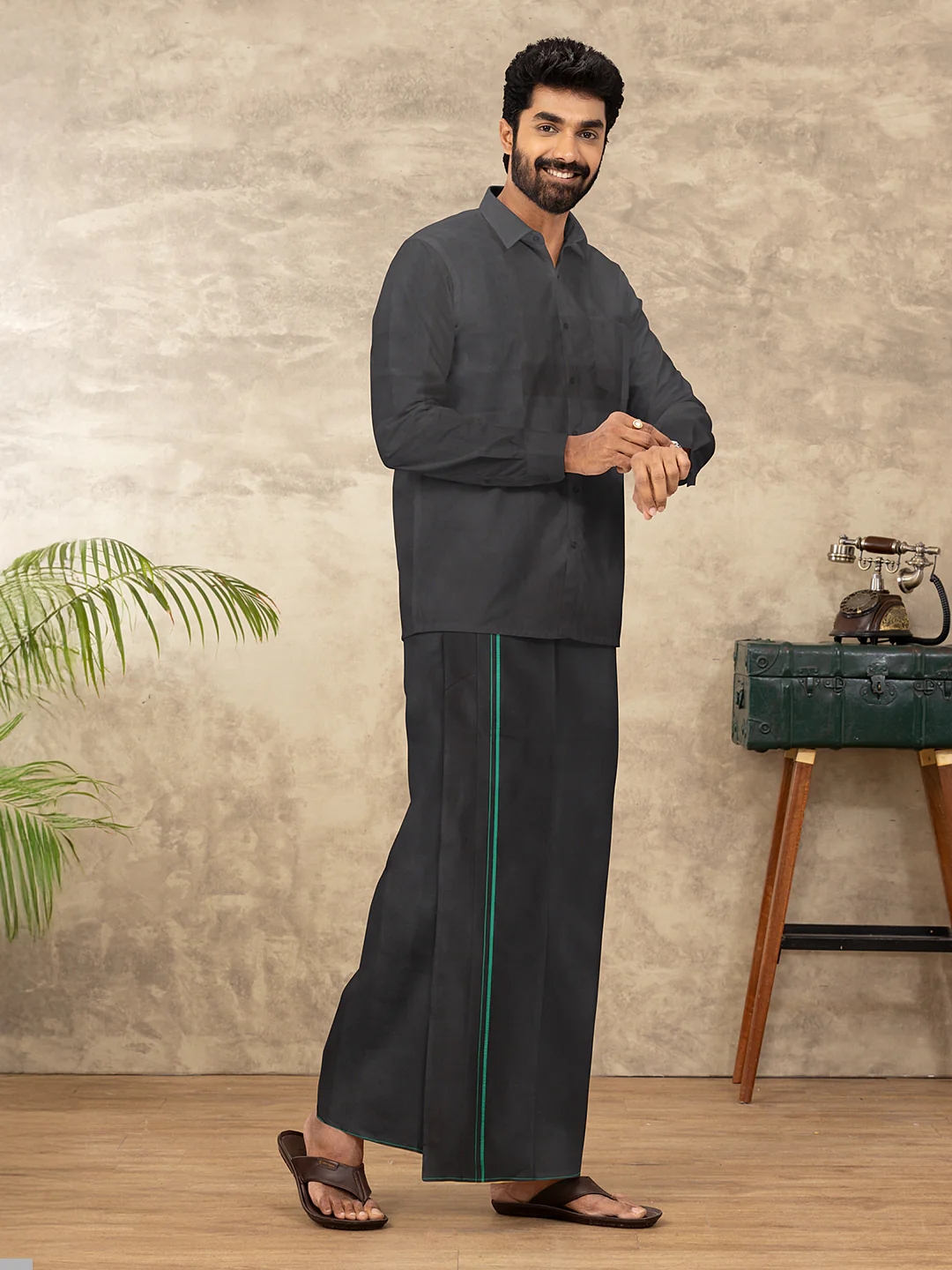 Men Cotton Blend Single Layer Black Dhoti & Towel Set with Green Small Border Sudhan - Image 3