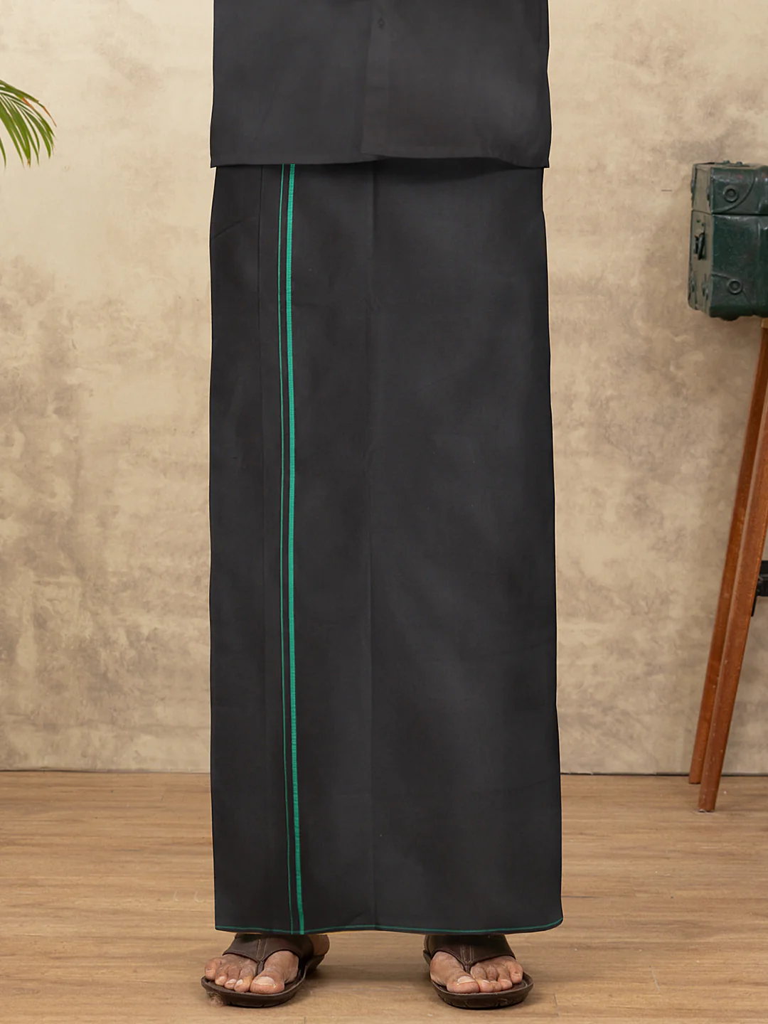 Men Cotton Blend Single Layer Black Dhoti & Towel Set with Green Small Border Sudhan - Image 5