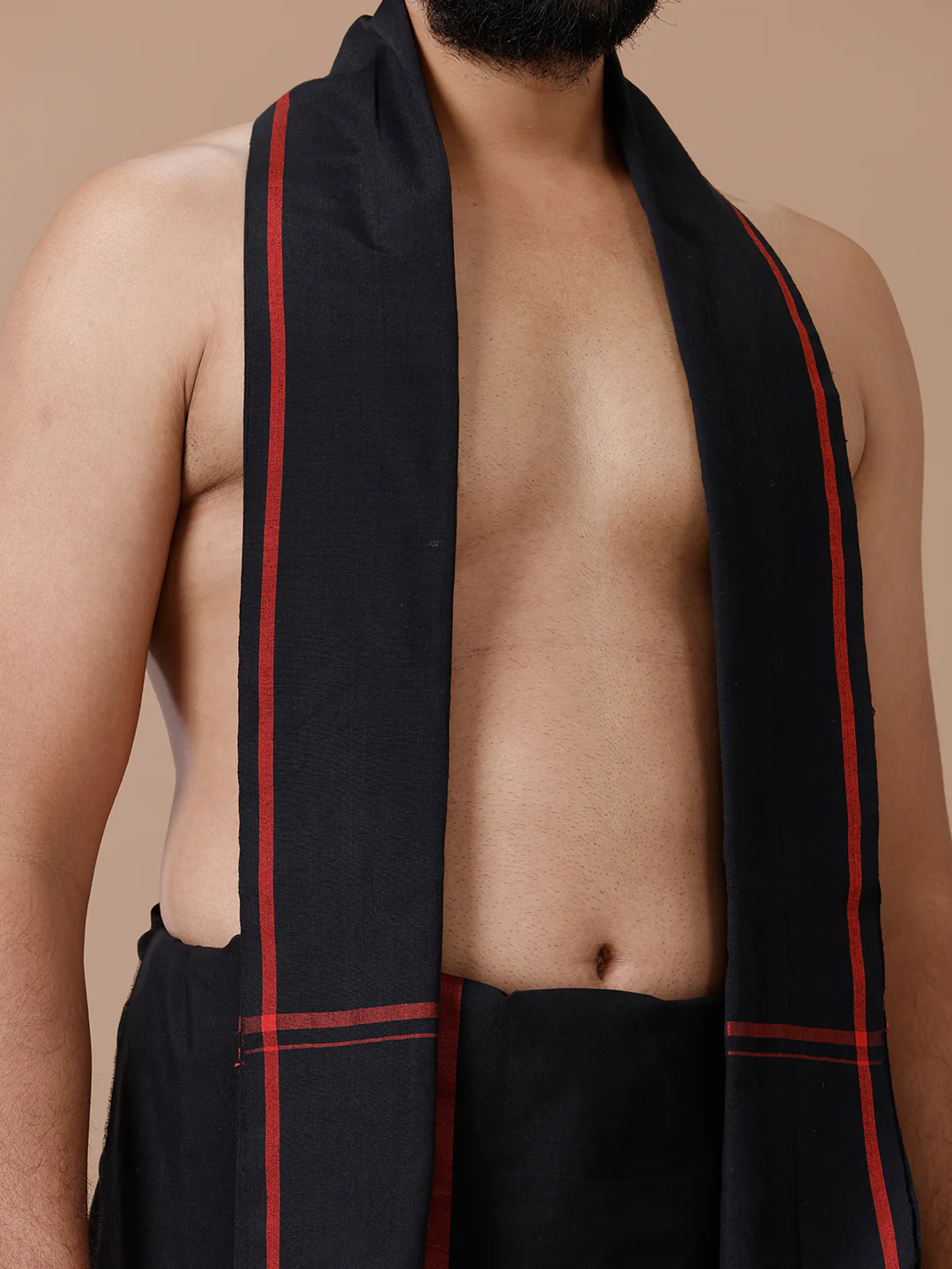 Men Cotton Blend Single Layer Black Dhoti & Towel Set with Red Big Border Makara Jyoti - Image 3