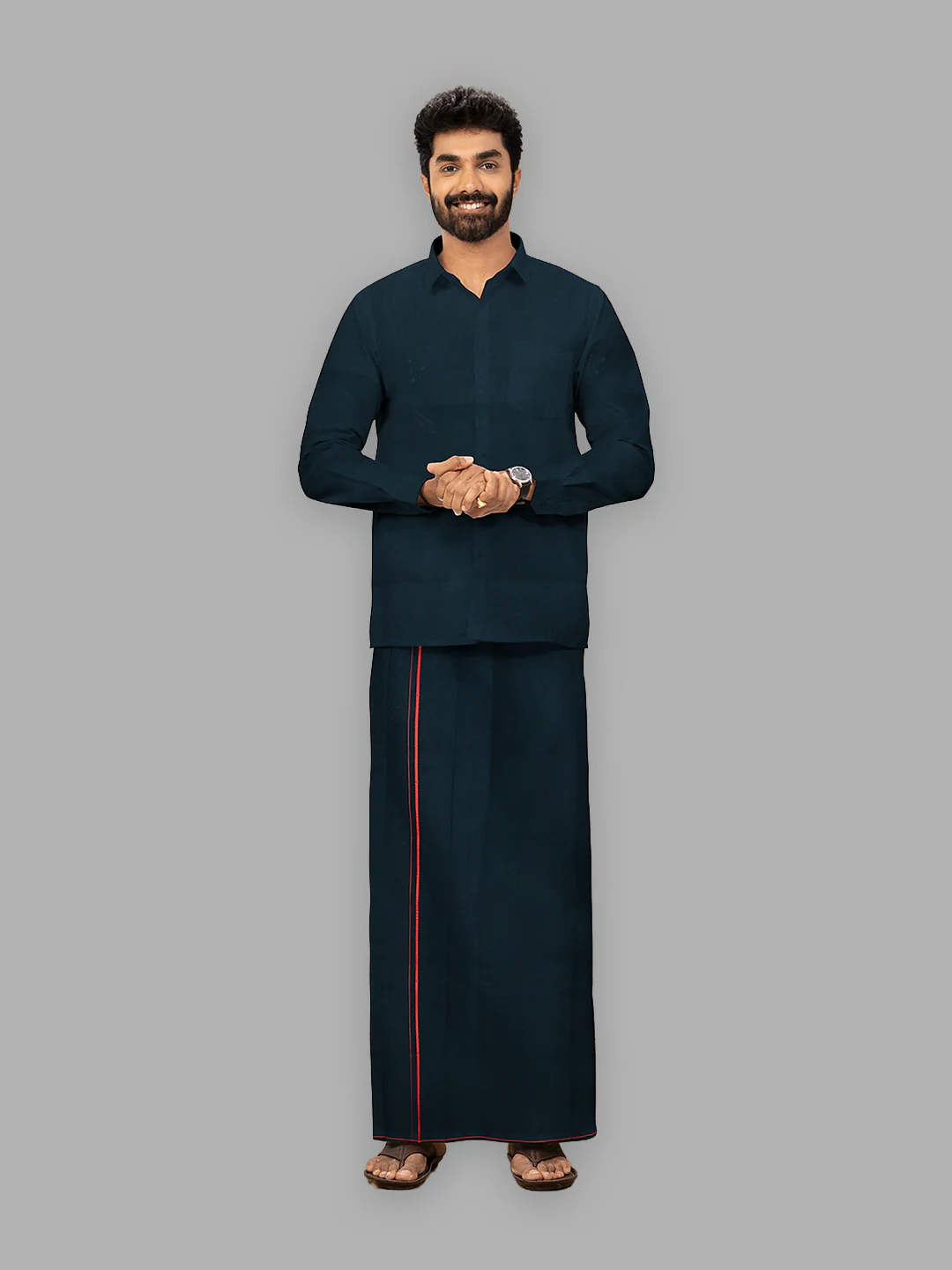 Men Cotton Blend Single Layer Black Dhoti & Towel Set with Red Small Border Sudhan - Image 3