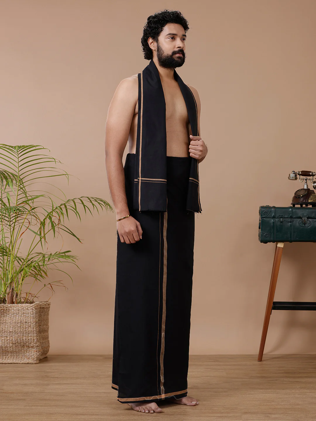 Men Cotton Blend Single Layer Black Dhoti & Towel Set with Sandal Big Border Makara Jyoti - Image 2