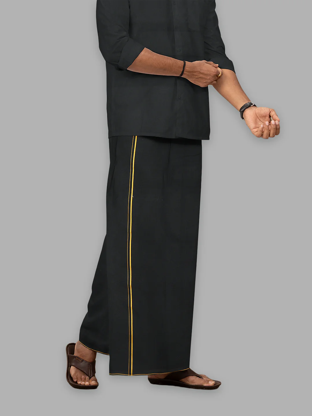 Men Cotton Blend Single Layer Black Dhoti & Towel Set with Yellow Small Border Poojan SB - Image 2