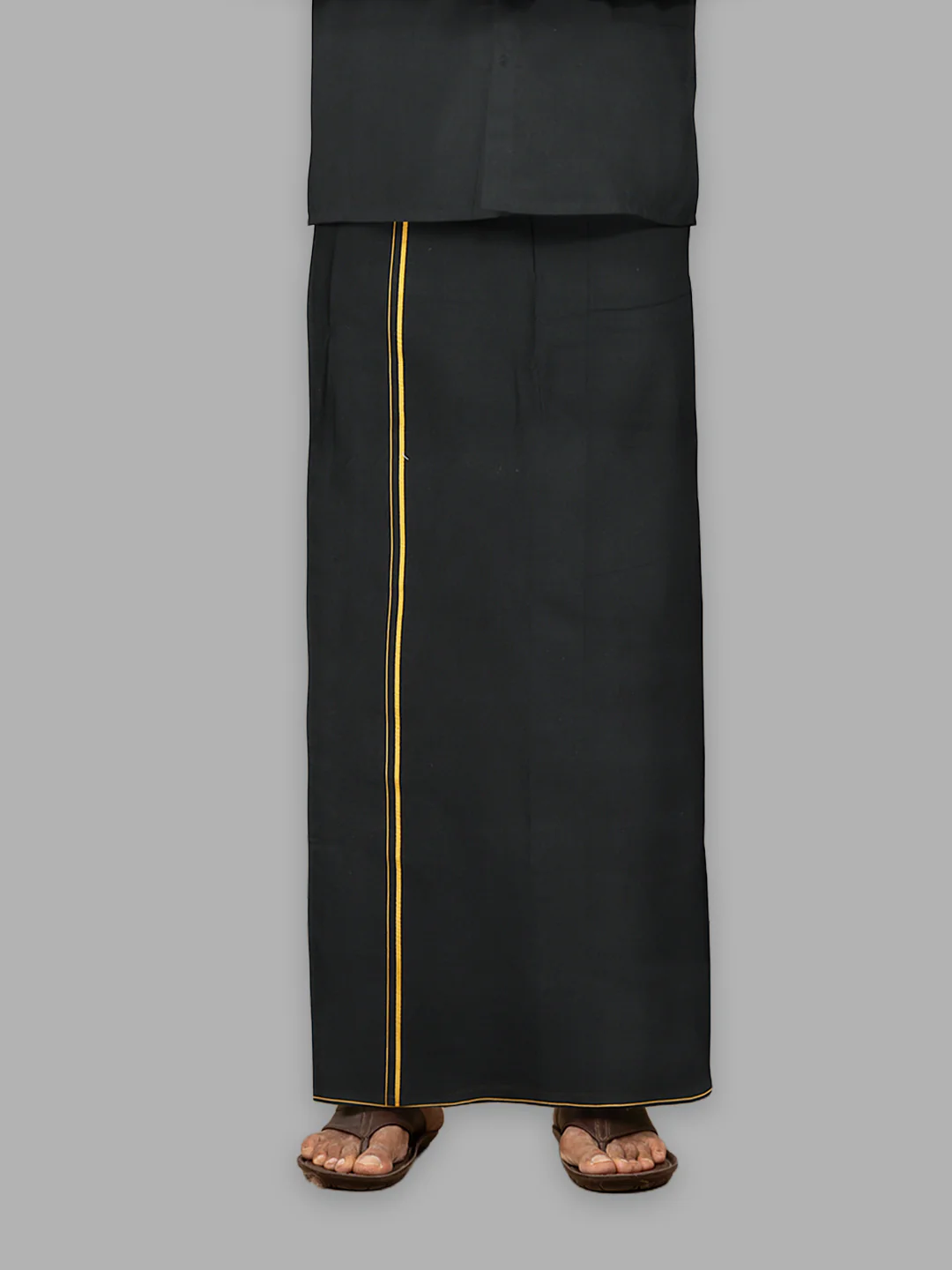 Men Cotton Blend Single Layer Black Dhoti & Towel Set with Yellow Small Border Poojan SB - Image 3