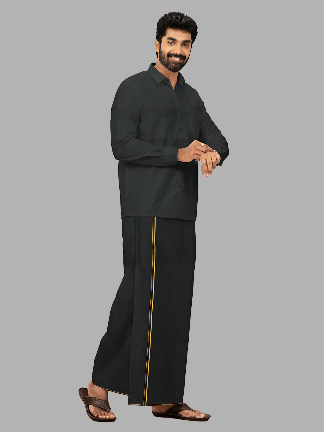 Men Cotton Blend Single Layer Black Dhoti & Towel Set with Yellow Small Border Poojan SB - Image 4