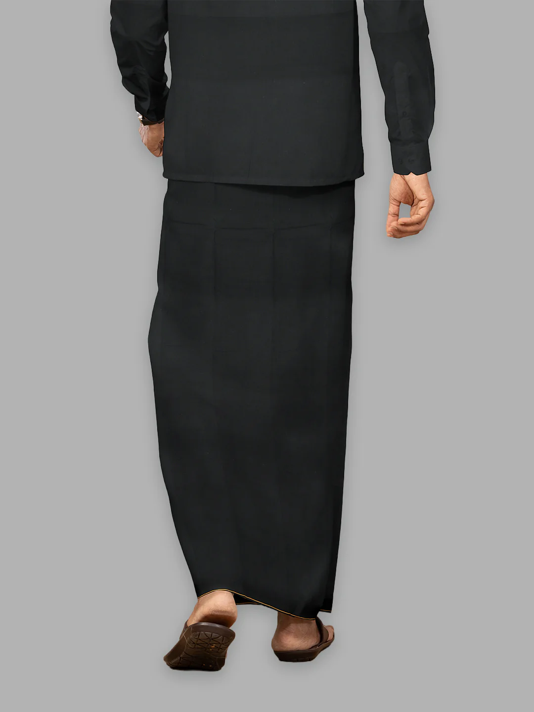 Men Cotton Blend Single Layer Black Dhoti & Towel Set with Yellow Small Border Poojan SB - Image 5