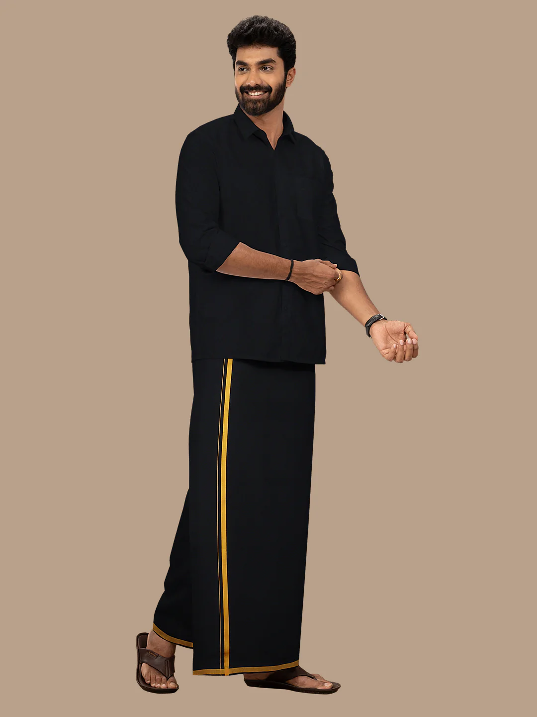 Men Cotton Blend Single Layer Black Dhoti with Gold Jari Border Cosmic - Image 3