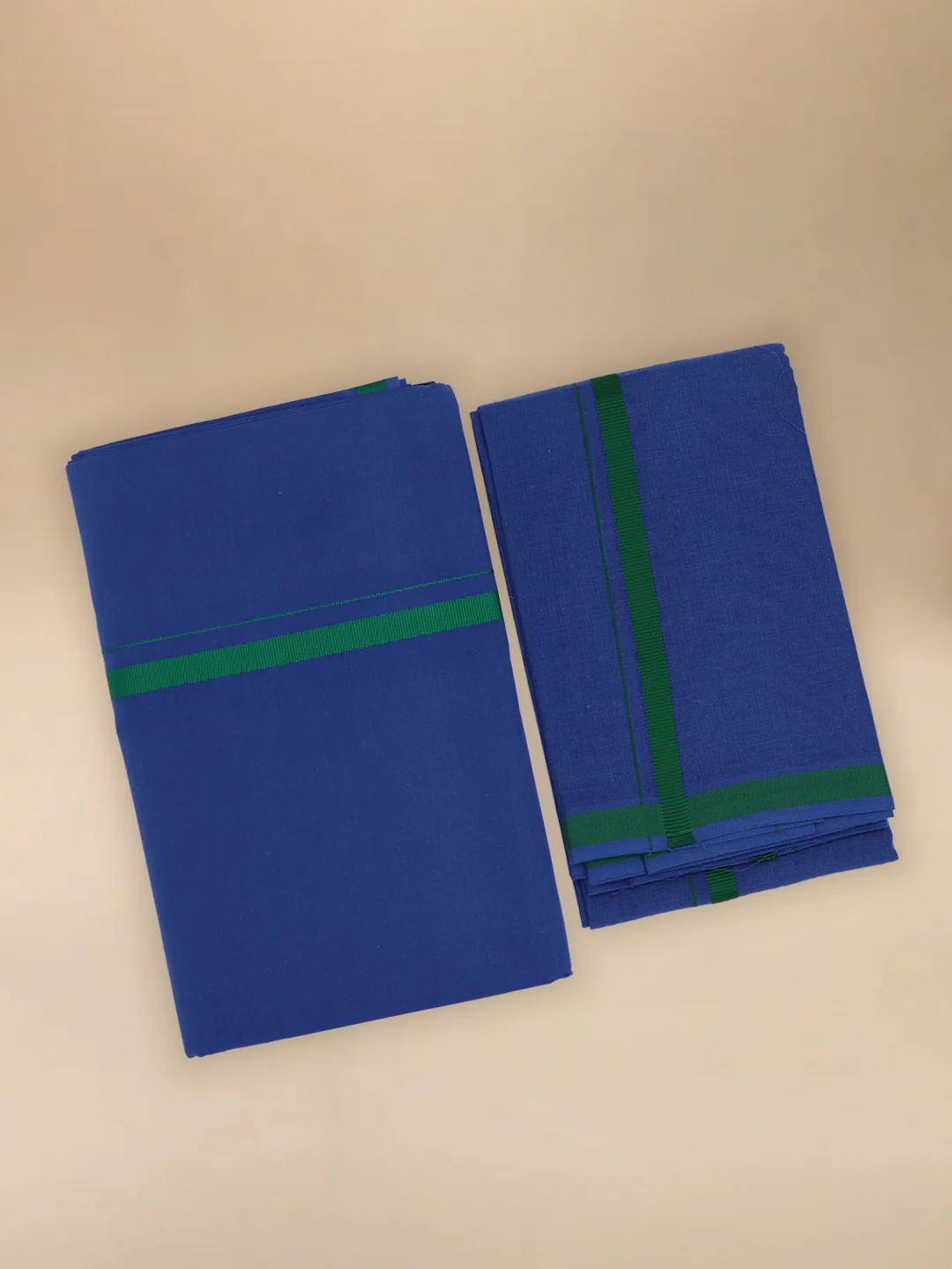 Men Cotton Blend Single Layer Blue Dhoti & Towel Set with Assorted Border Poojan
