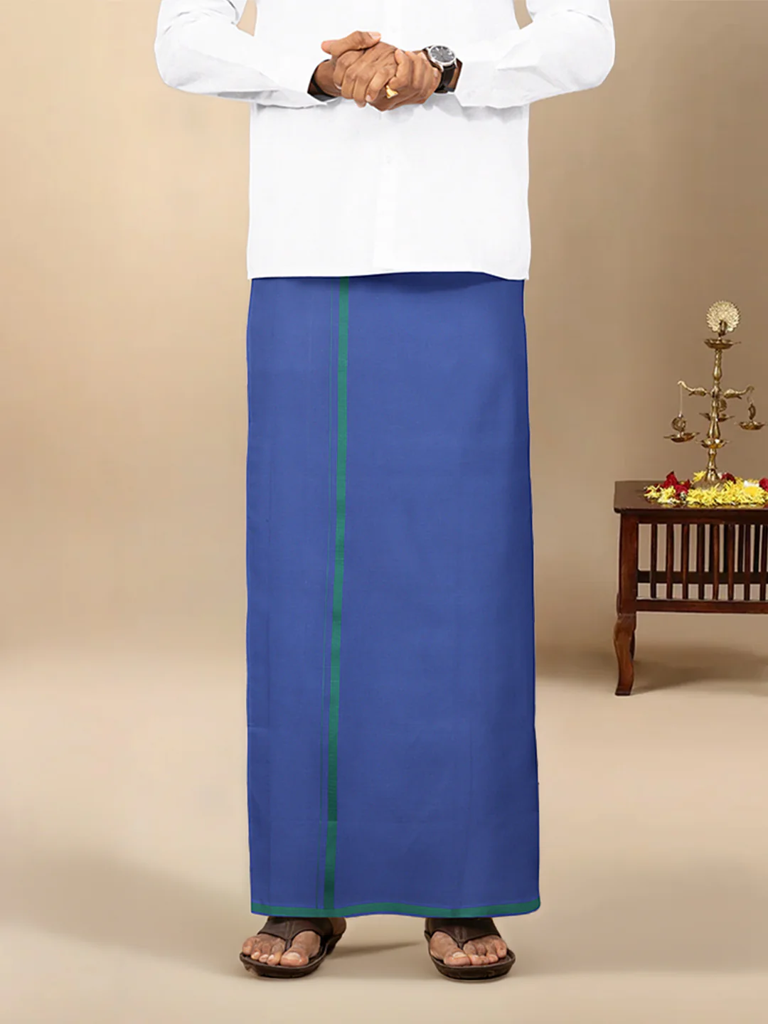Men Cotton Blend Single Layer Blue Dhoti & Towel Set with Assorted Border Poojan - Image 2