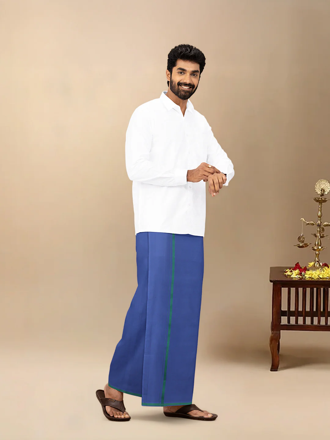 Men Cotton Blend Single Layer Blue Dhoti & Towel Set with Assorted Border Poojan - Image 3