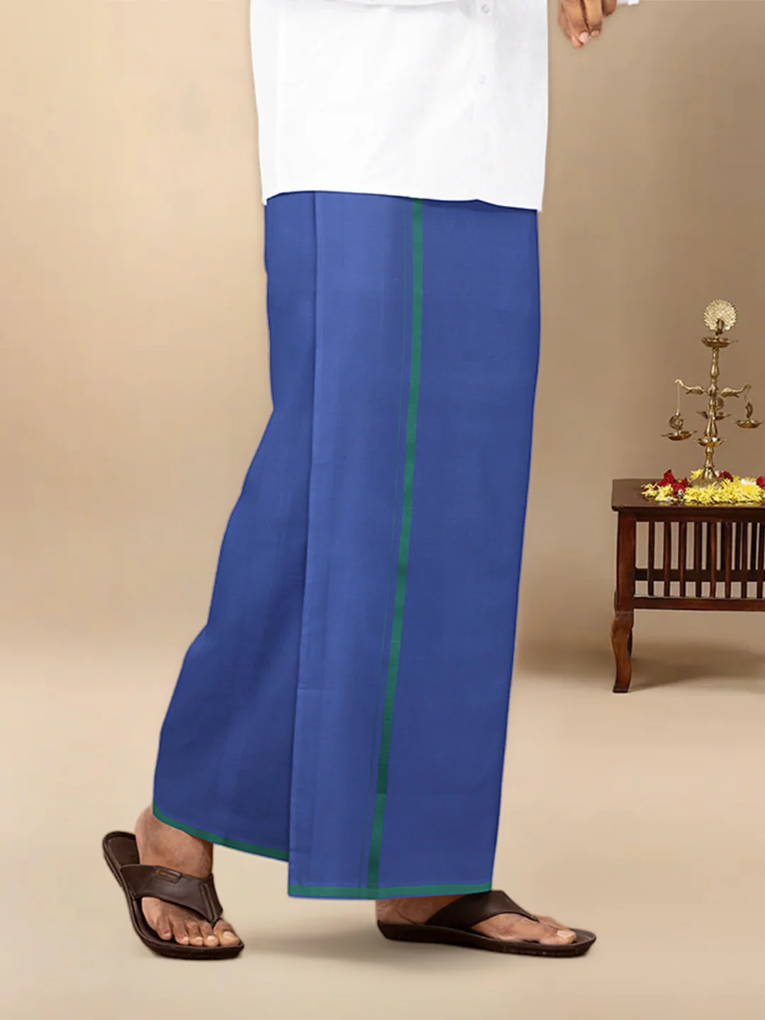 Men Cotton Blend Single Layer Blue Dhoti & Towel Set with Assorted Border Poojan - Image 5