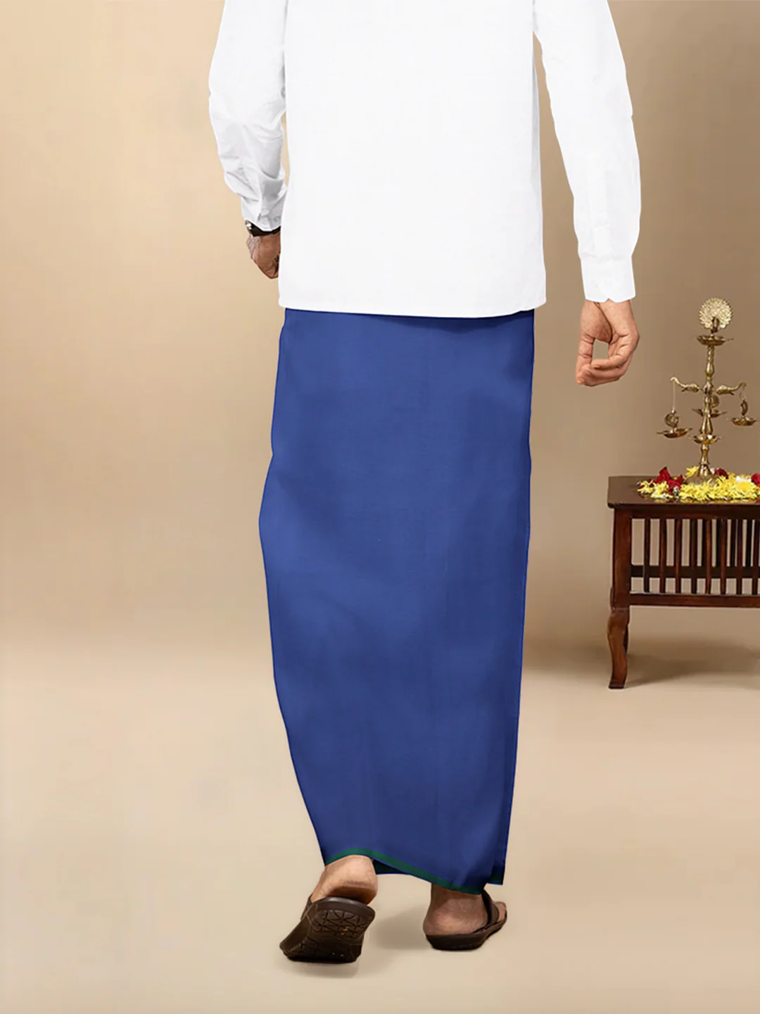 Men Cotton Blend Single Layer Blue Dhoti & Towel Set with Assorted Border Poojan - Image 6