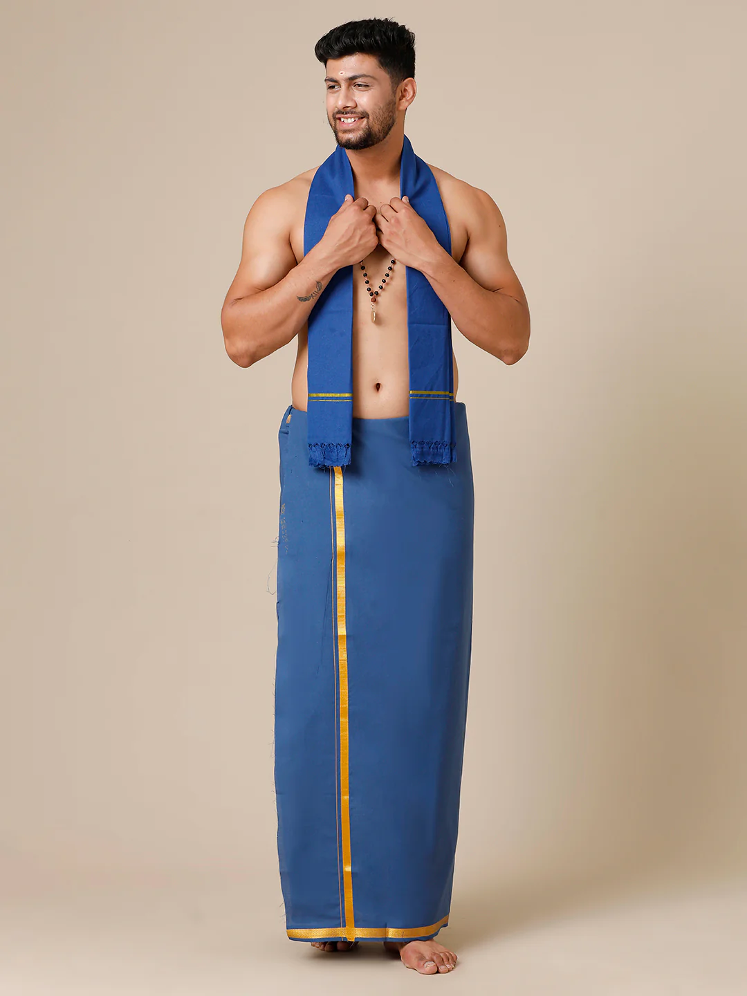 Men Cotton Blend Single Layer Blue Dhoti with Gold Jari Border Cosmic 13 - Image 2