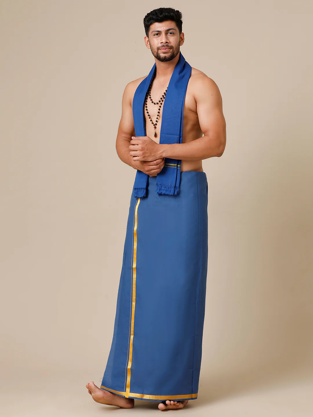 Men Cotton Blend Single Layer Blue Dhoti with Gold Jari Border Cosmic 13 - Image 3