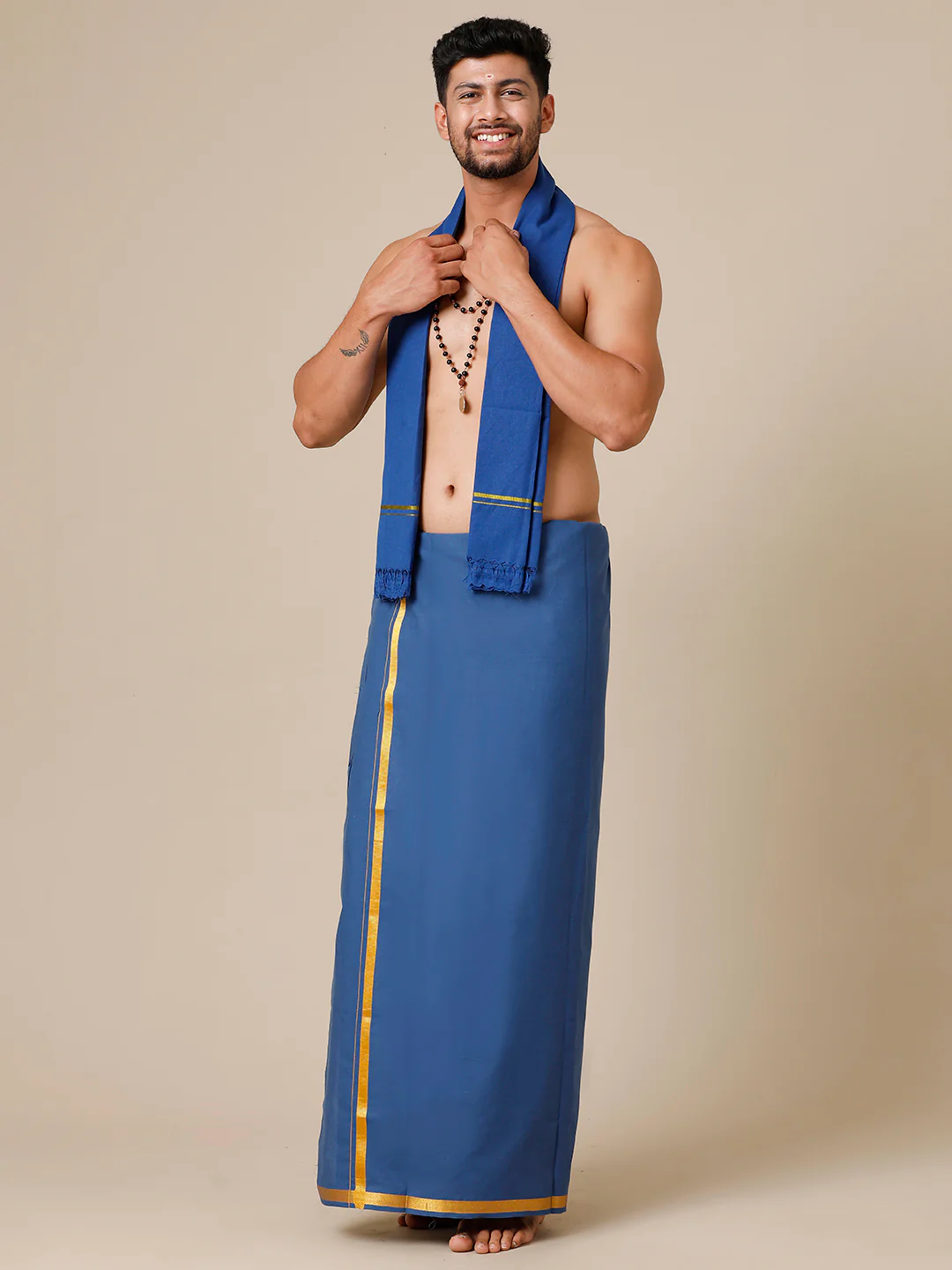 Men Cotton Blend Single Layer Blue Dhoti with Gold Jari Border Cosmic 13 - Image 4