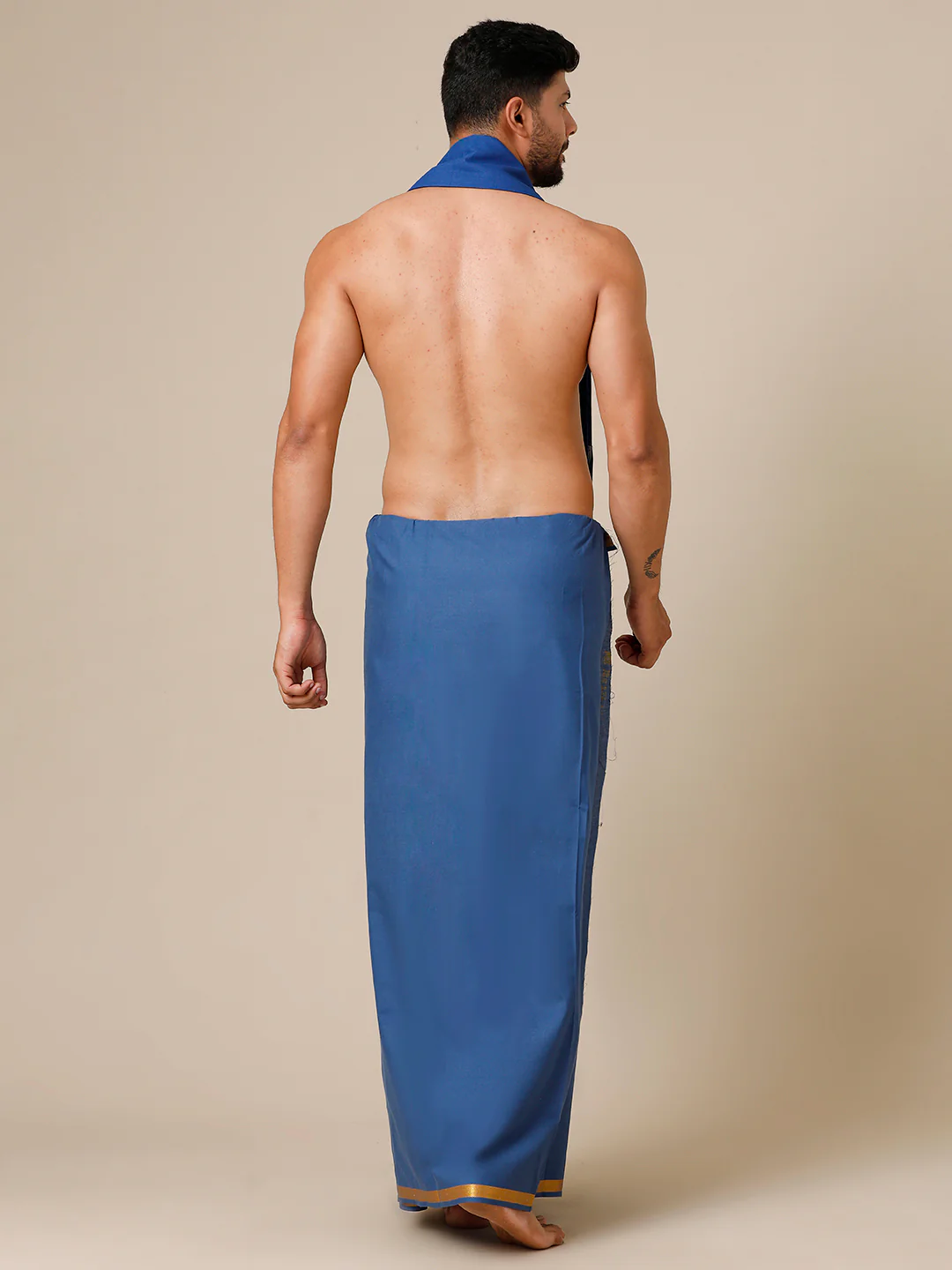 Men Cotton Blend Single Layer Blue Dhoti with Gold Jari Border Cosmic 13 - Image 5