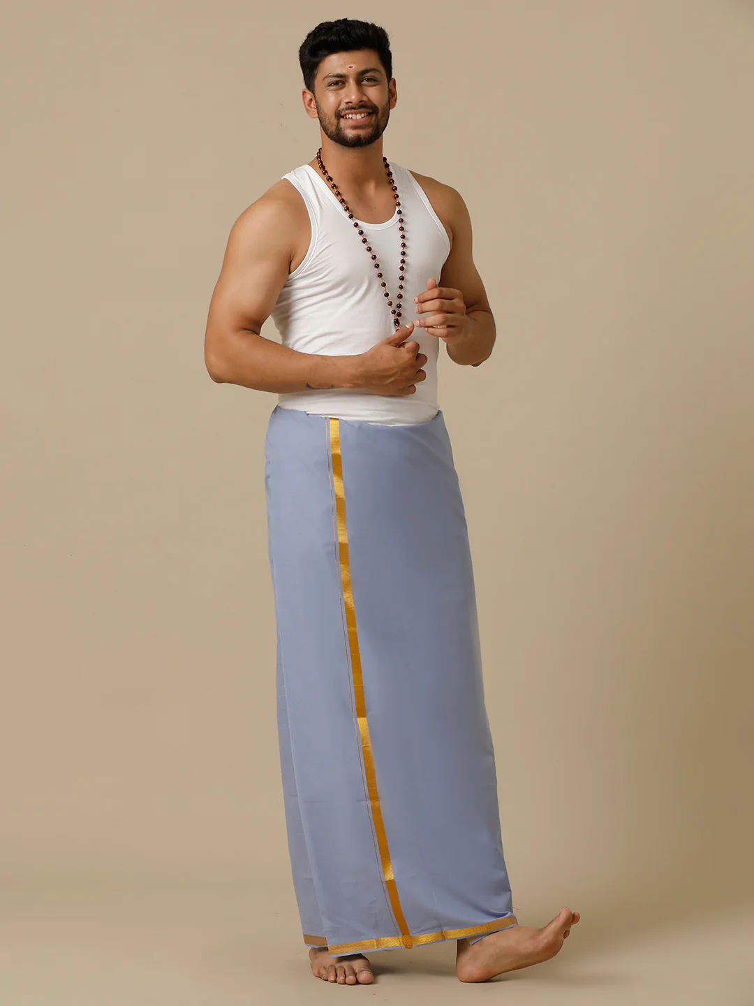 Men Cotton Blend Single Layer Blue Dhoti with Gold Jari Border Cosmic 14 - Image 3