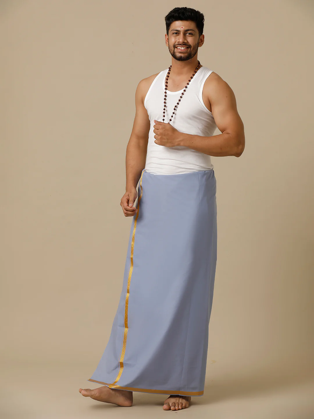 Men Cotton Blend Single Layer Blue Dhoti with Gold Jari Border Cosmic 14 - Image 4