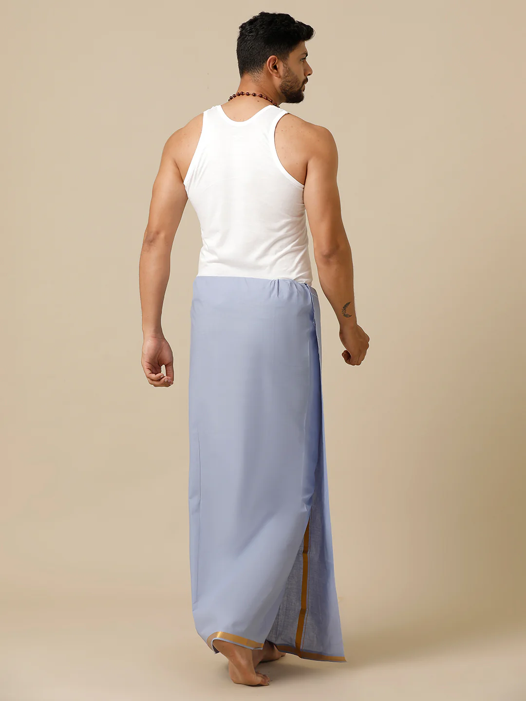 Men Cotton Blend Single Layer Blue Dhoti with Gold Jari Border Cosmic 14 - Image 5