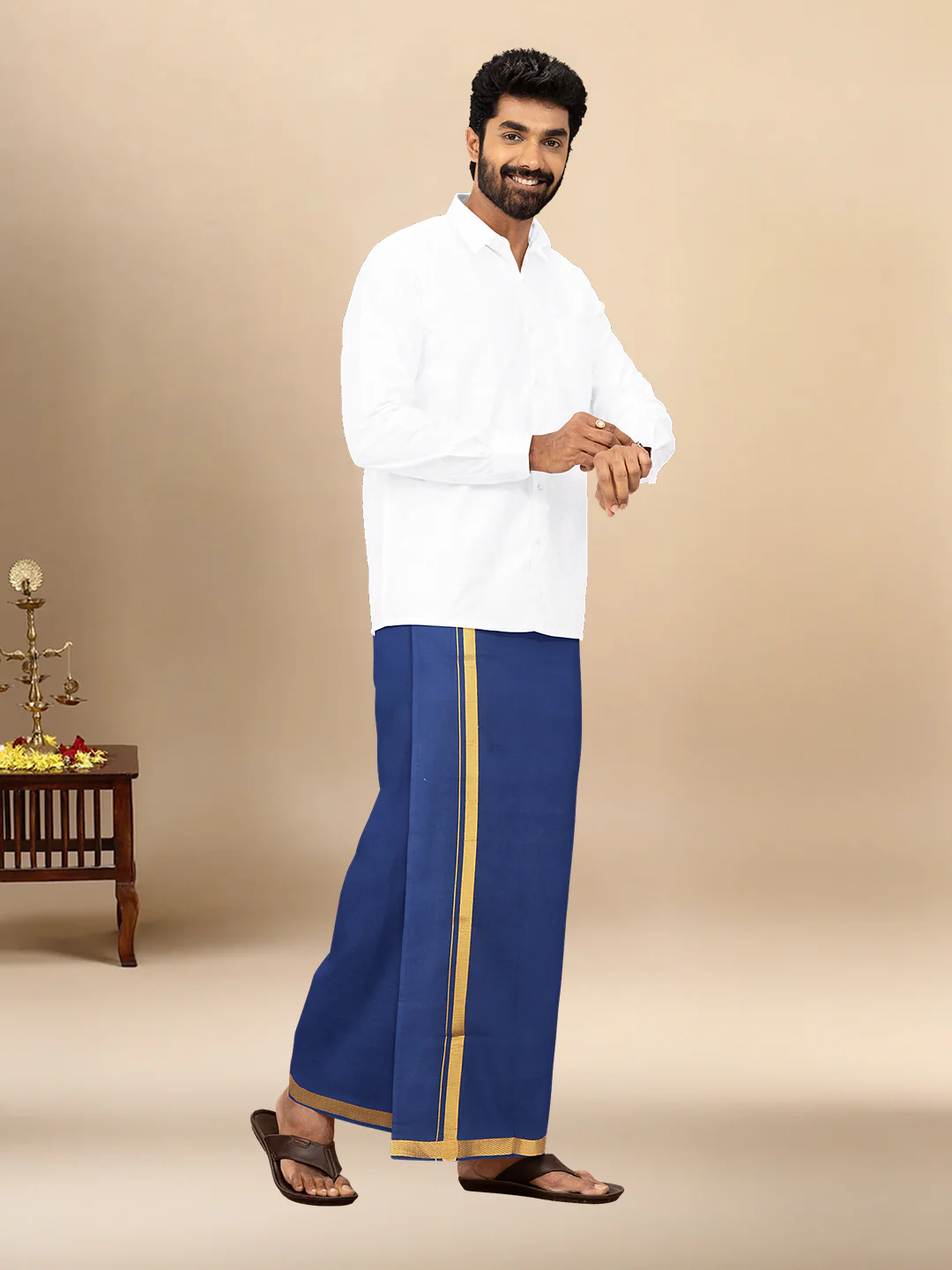 Men Cotton Blend Single Layer Blue Dhoti with Gold Jari Border Cosmic - Image 2