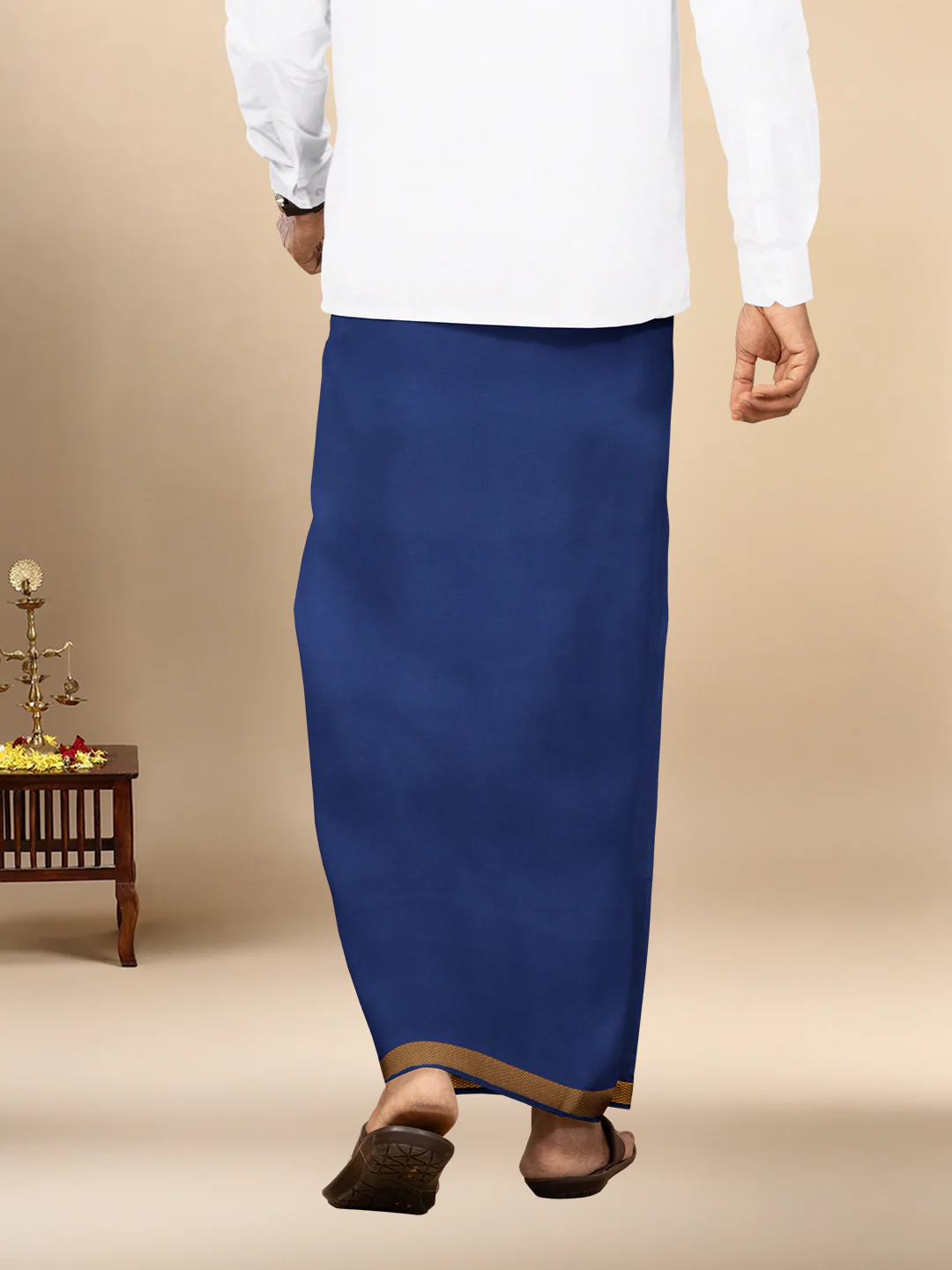 Men Cotton Blend Single Layer Blue Dhoti with Gold Jari Border Cosmic - Image 3